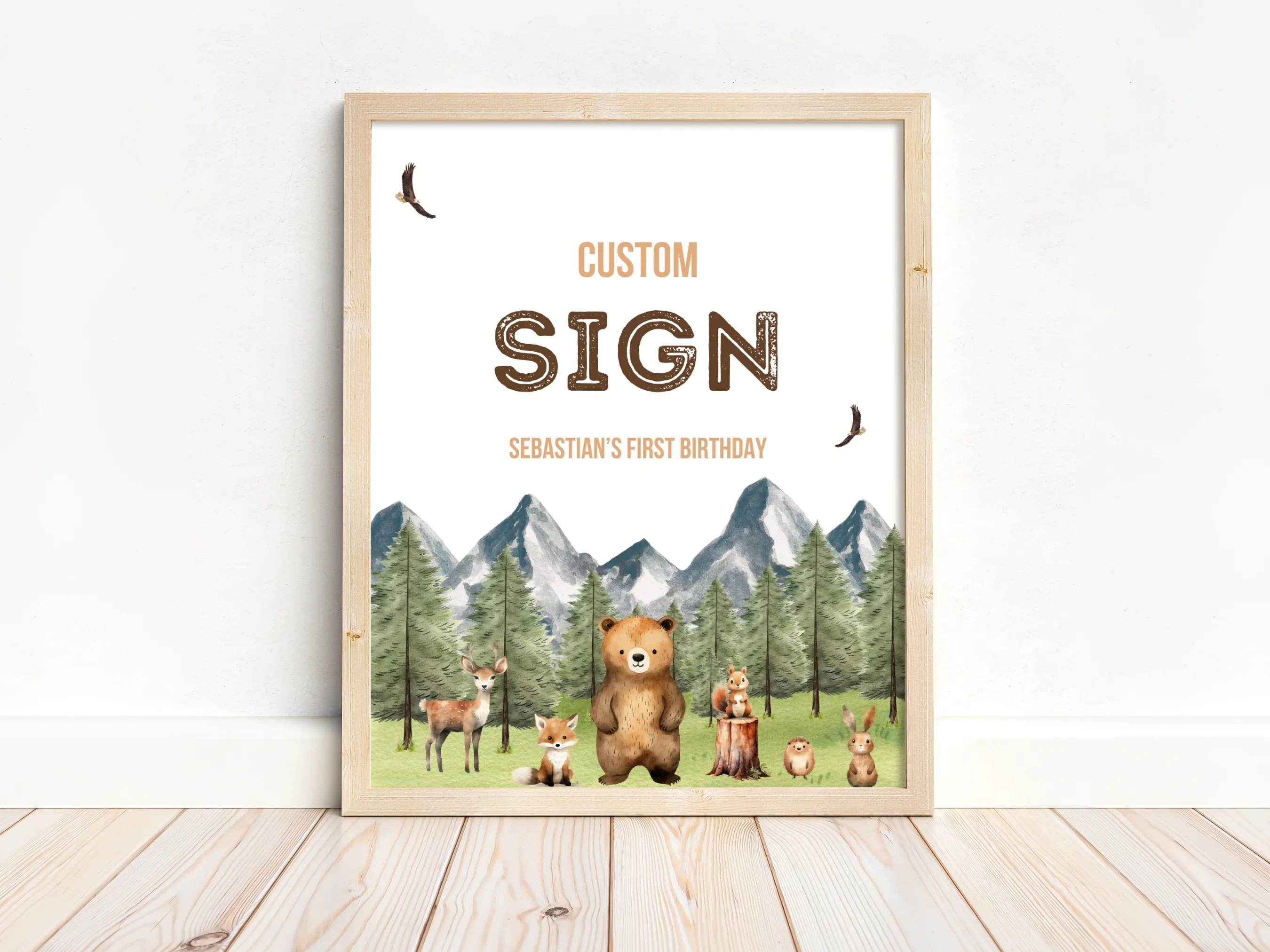 Woodland custom birthday sign with forest animal theme, customizable cards and gifts or cookie table sign, editable Canva template by fllcdesigns