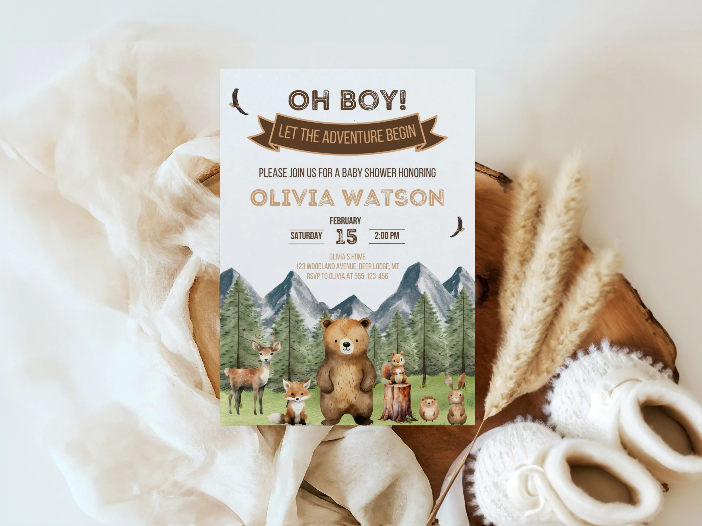 Woodland Baby Shower Invitation Set | Forest Animals Let The Adventure Begin Starter Pack For Baby Boy | Editable Canva Template | Digital Download