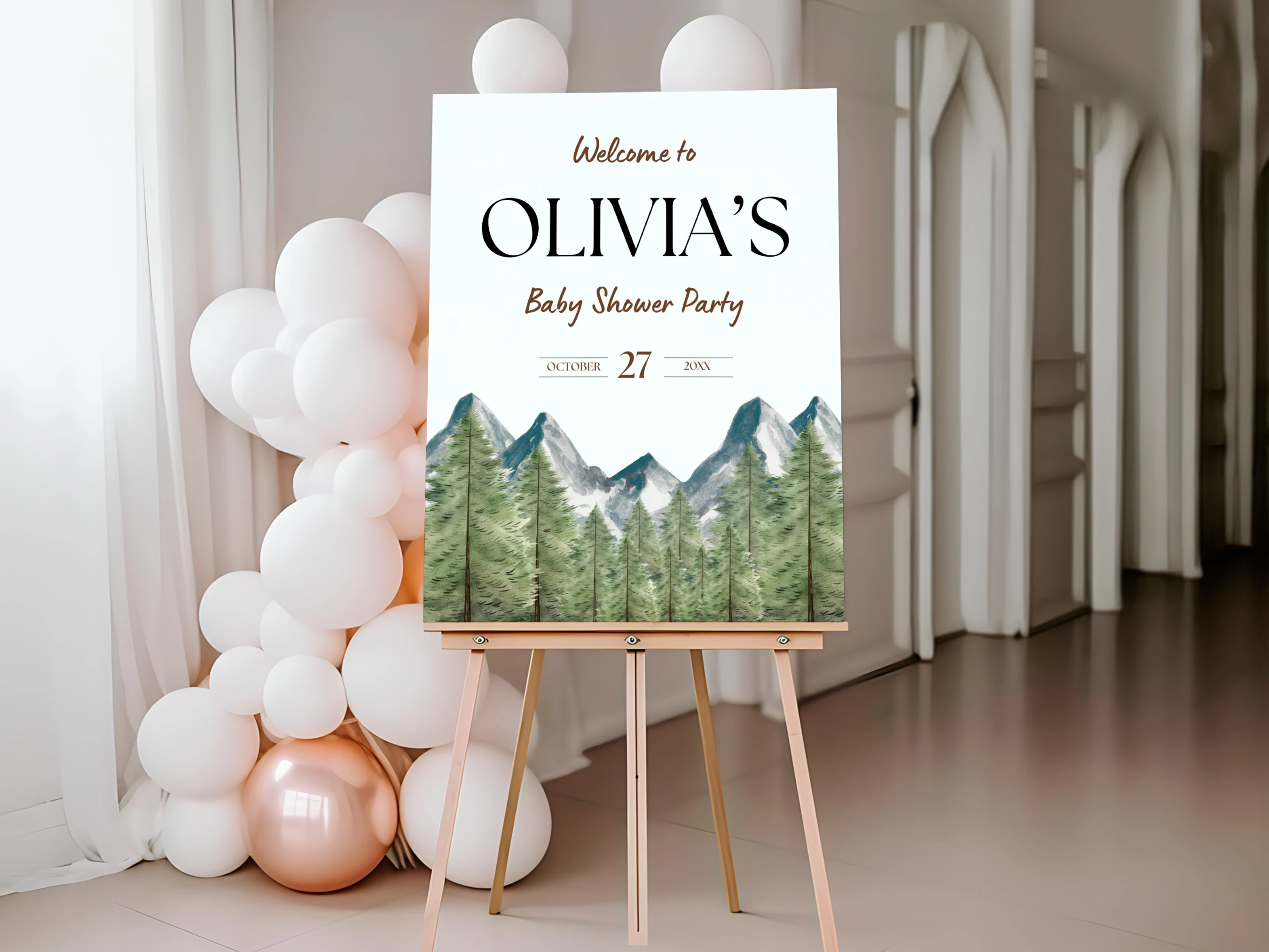 adventure awaits baby shower welcome sign woodland forest mountain board canva template digital download, woodland baby shower welcome board forest mountain decorations canva template