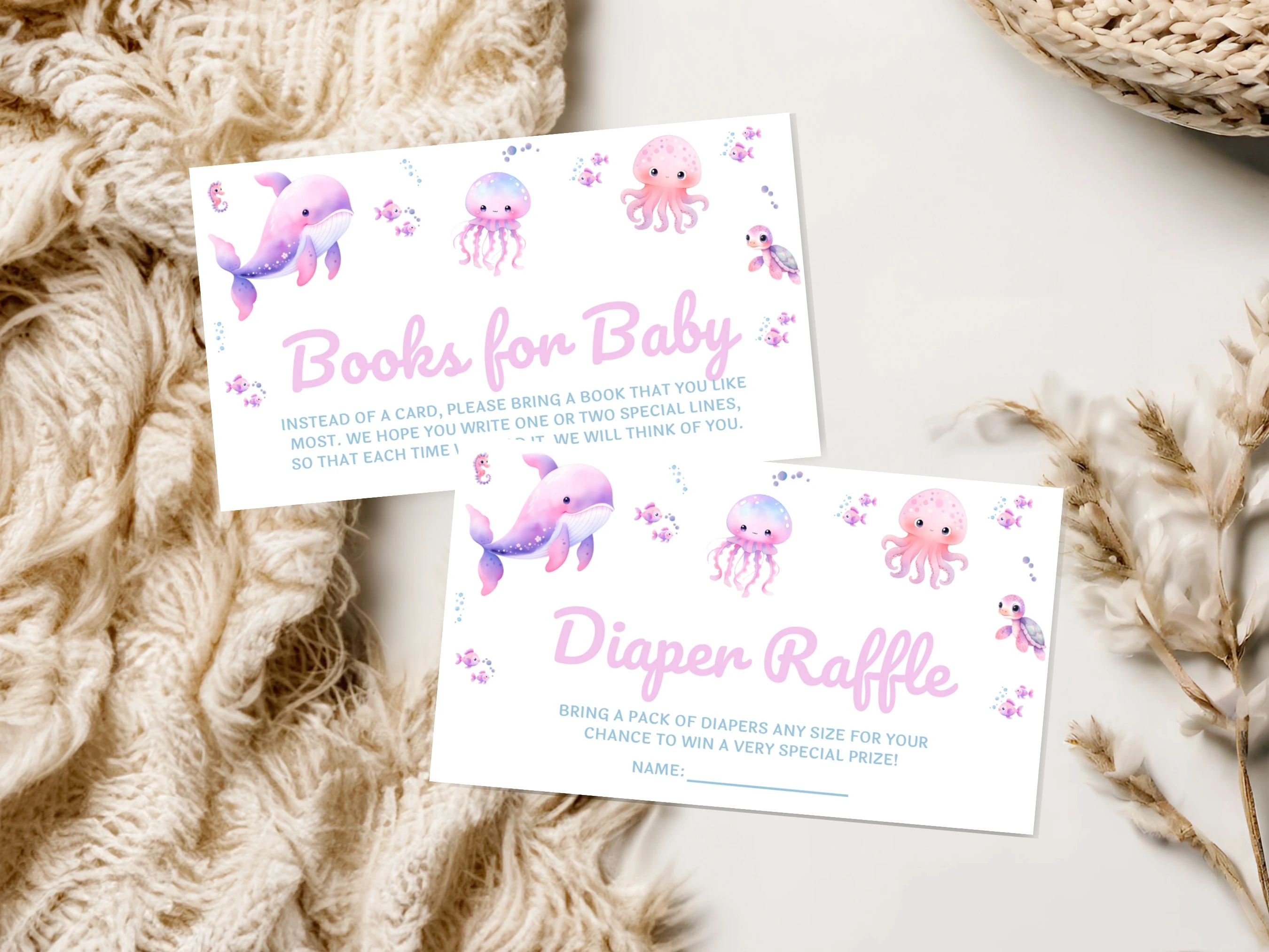 Under The Sea Baby Shower Invitation Set | Ocean Animals Pink Starter Pack For Baby Girl | Editable Canva Template | Digital Download