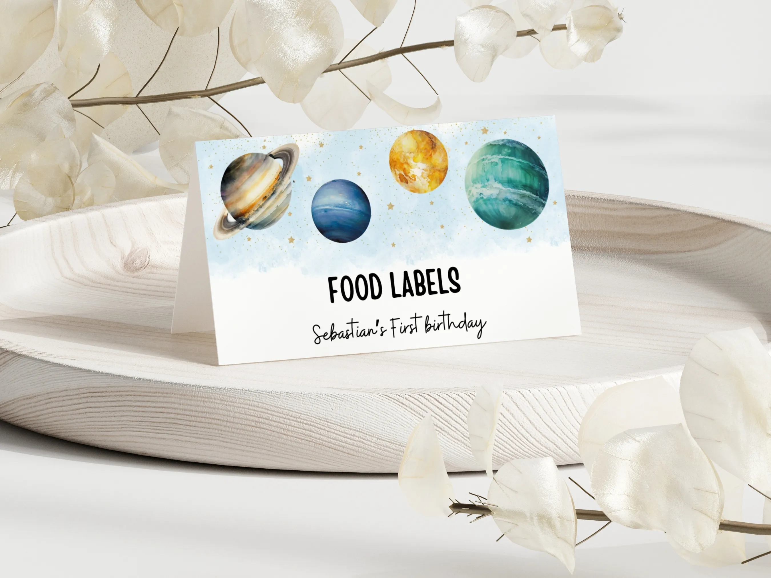 Outer space birthday food tent cards with planets and stars, First Trip Around the Sun name tags and table labels, editable Canva template by fllcdesigns