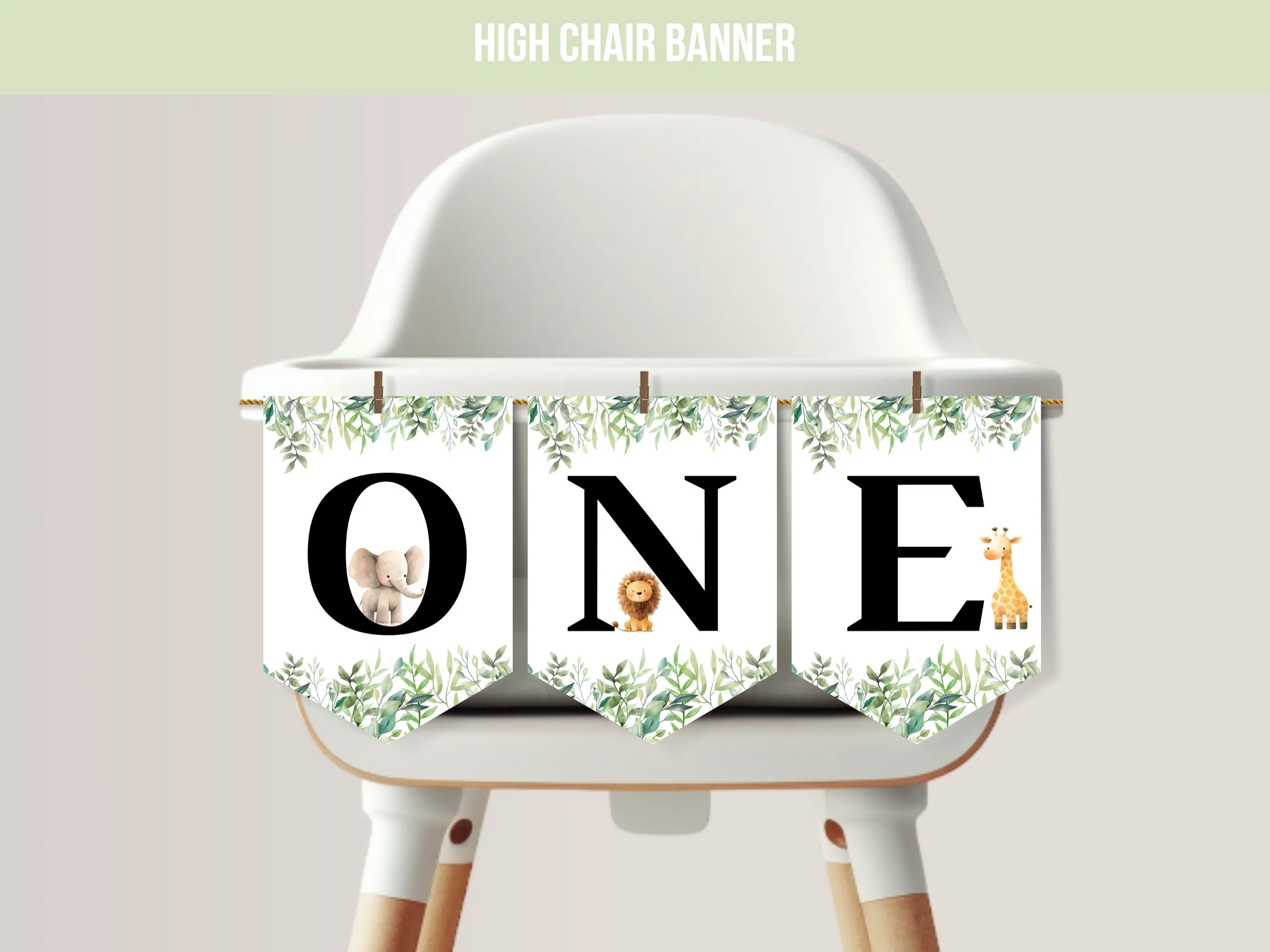 Wild One high chair banner with jungle and safari animals theme, customizable “One” birthday banner for first birthdays, editable Canva template by fllcdesigns