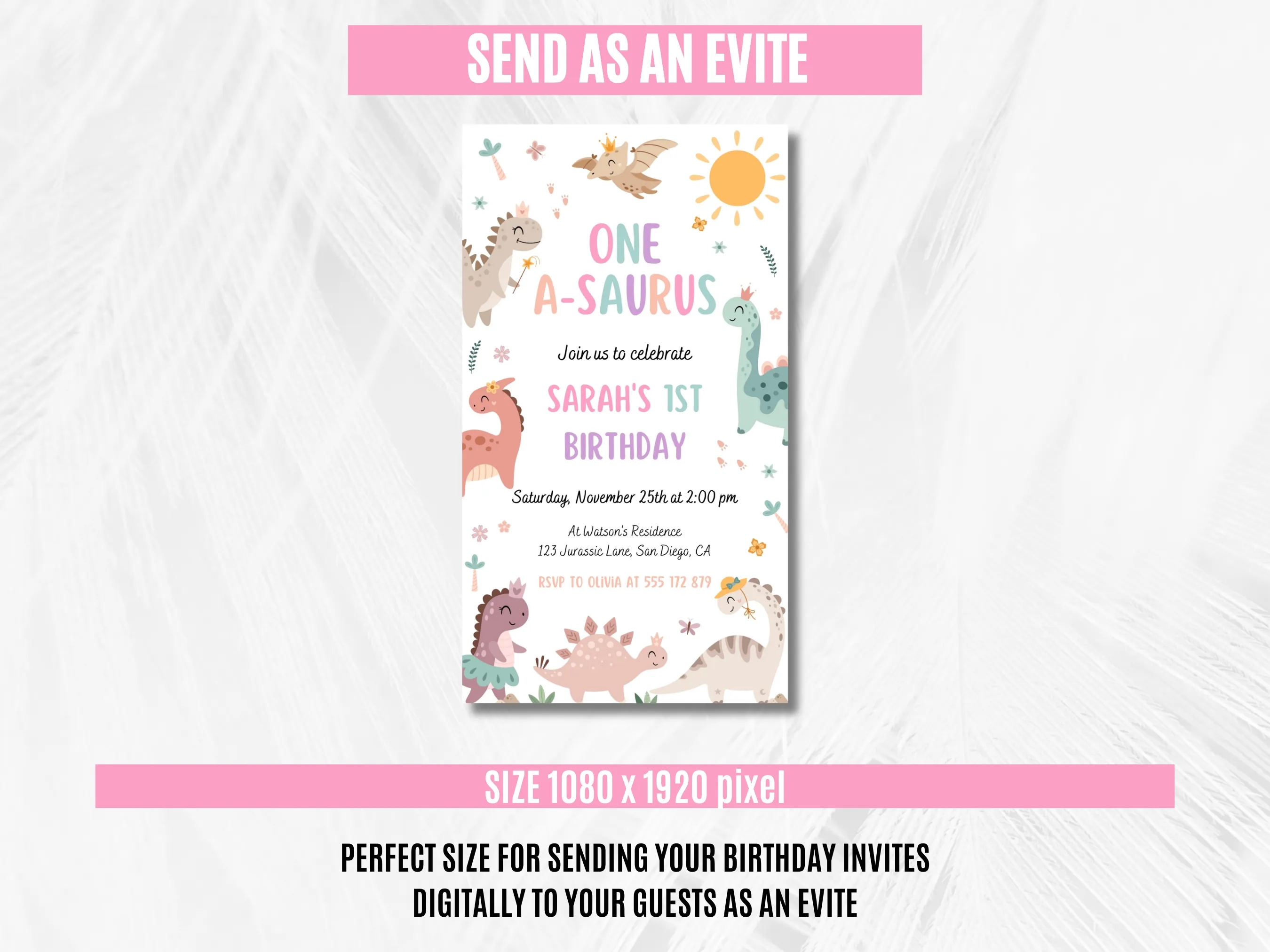 Pink Girl Dinosaur 1st Birthday Mobile Invitation | Dino Party Evite | Editable Canva Template | Digital Download