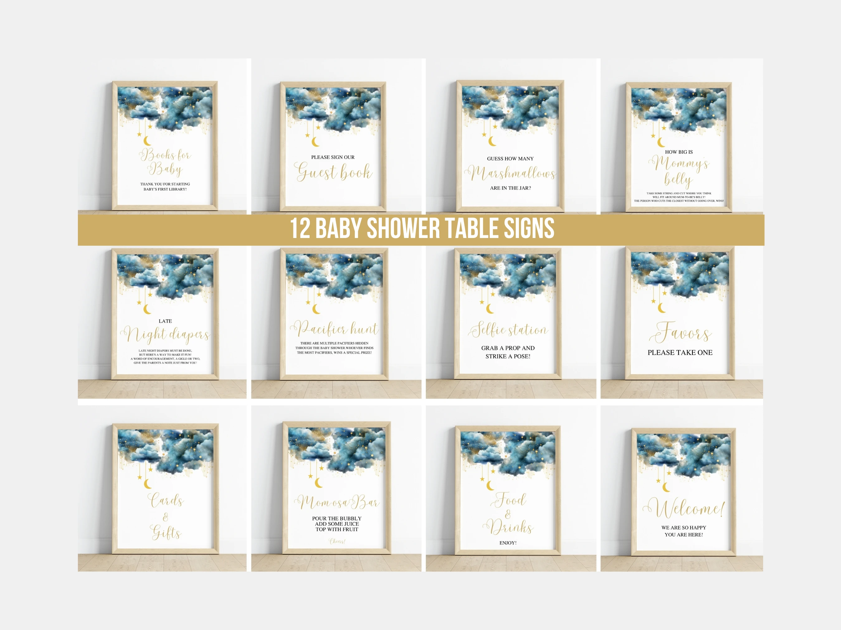 twinkle little star baby shower table sign printable, over the moon pacifier hunt baby shower sign, blue and gold diaper raffle baby shower sign, twinkle little star late night diapers sign, editable baby shower sign Canva
