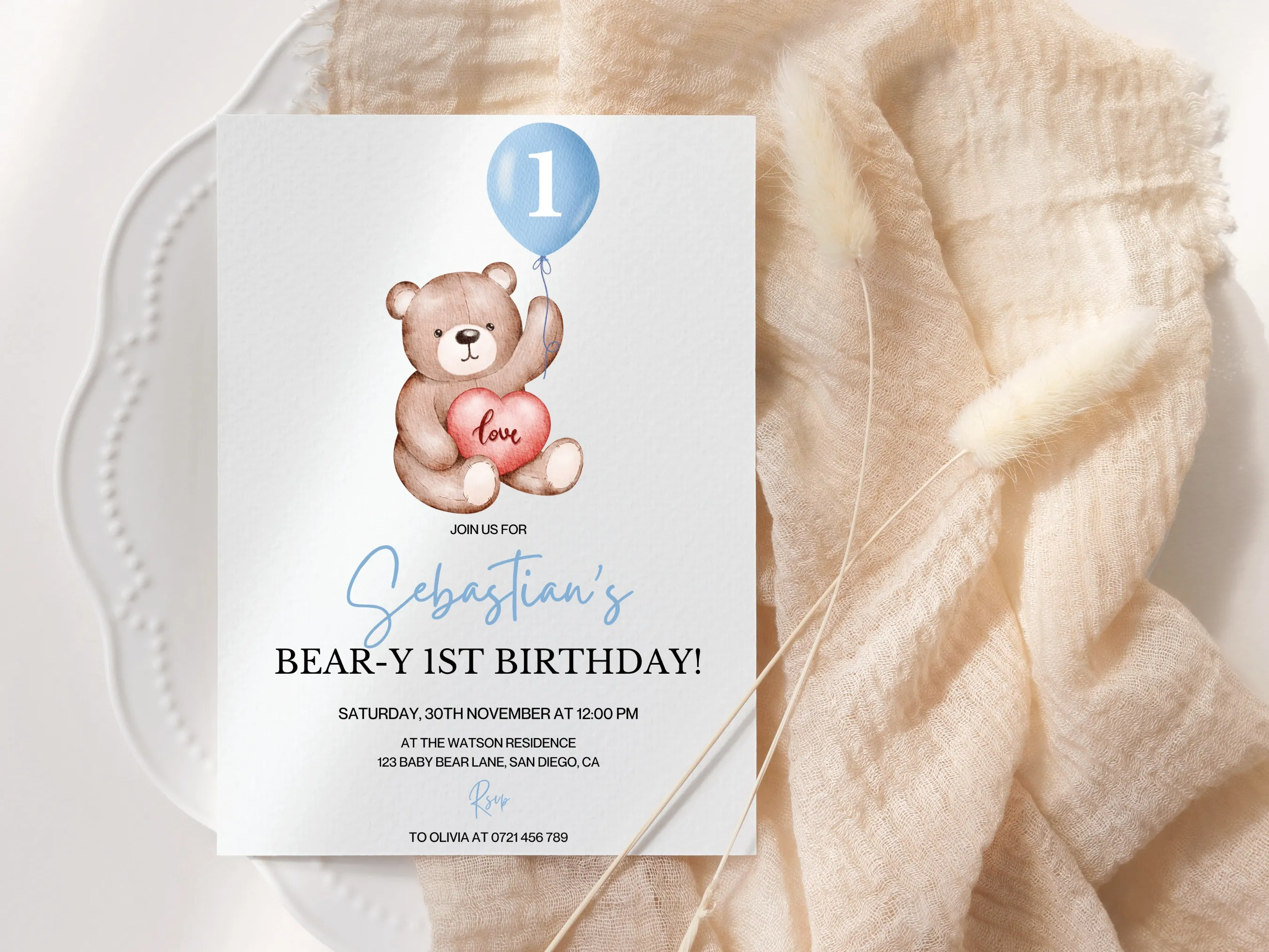 Cute Teddy Bear First Birthday Invitation | Beary First Birthday | Editable Canva Template | Digital Download