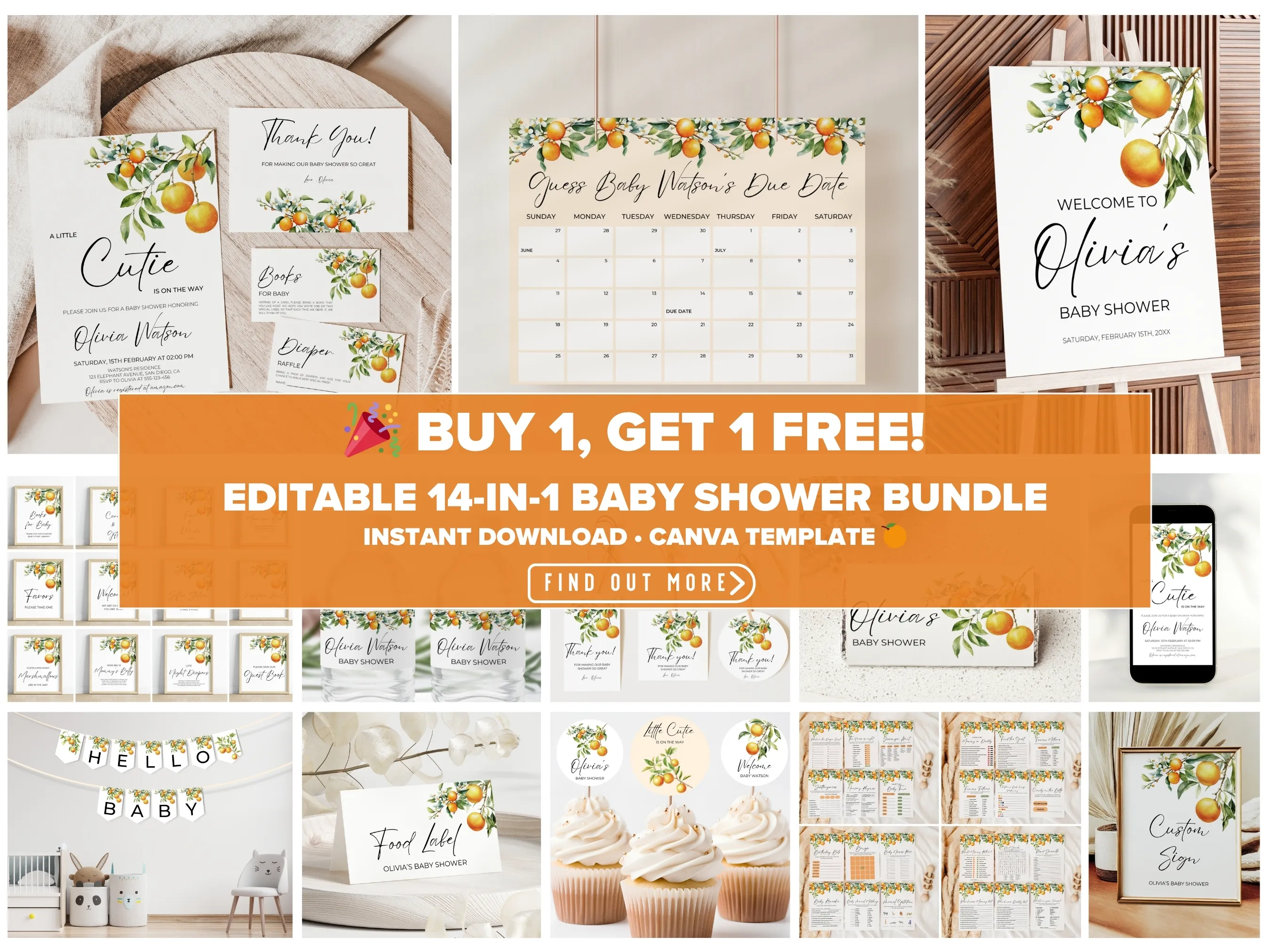 Little Cutie baby shower bundle — clementine orange theme editable Canva templates for invitations, games, signs & decorations (digital download)