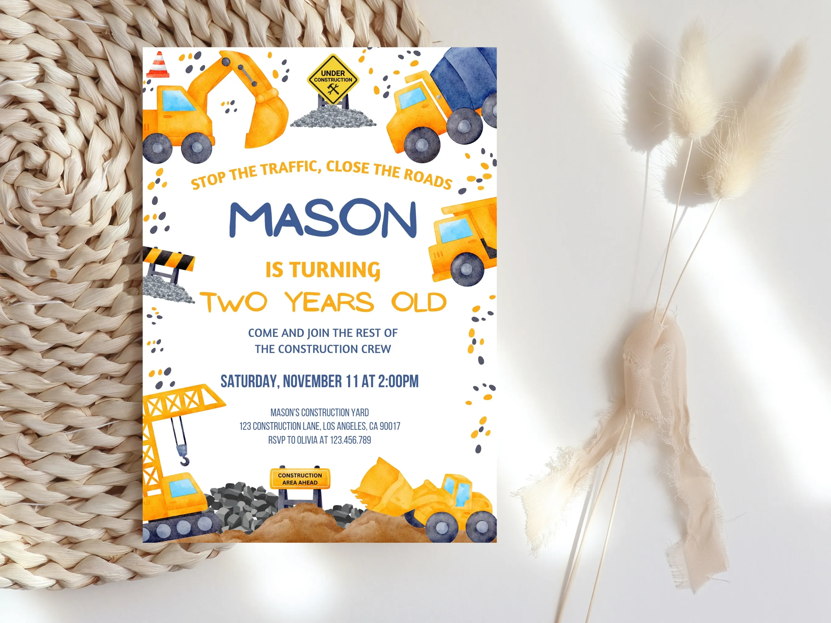 Construction Birthday Invitation | Dump Truck & Excavator Theme | Editable Canva Template | Digital Download