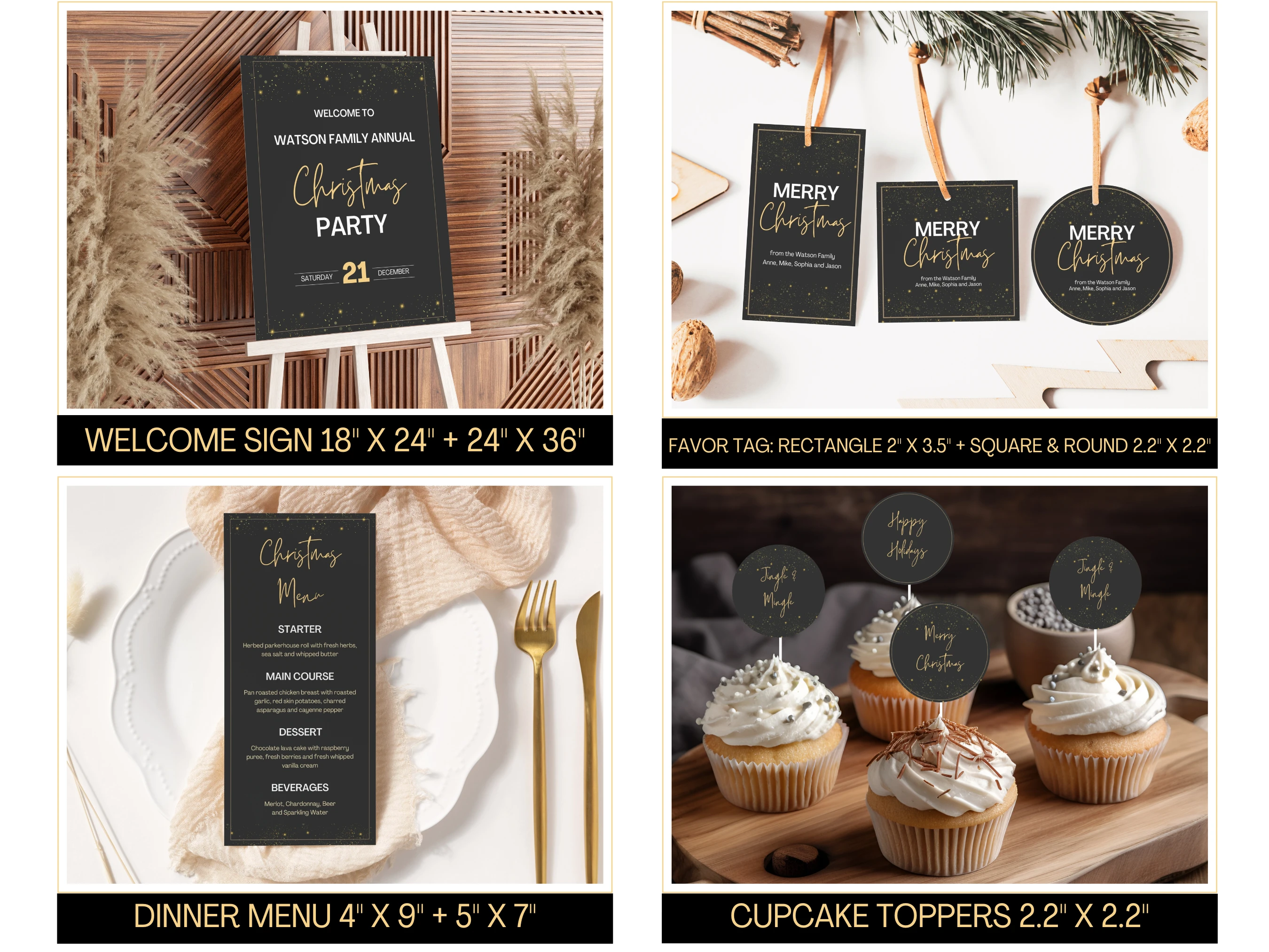 Black and Gold Christmas Party Bundle | Elegant Dinner Invitation Kit | Editable Canva Template | Digital Download