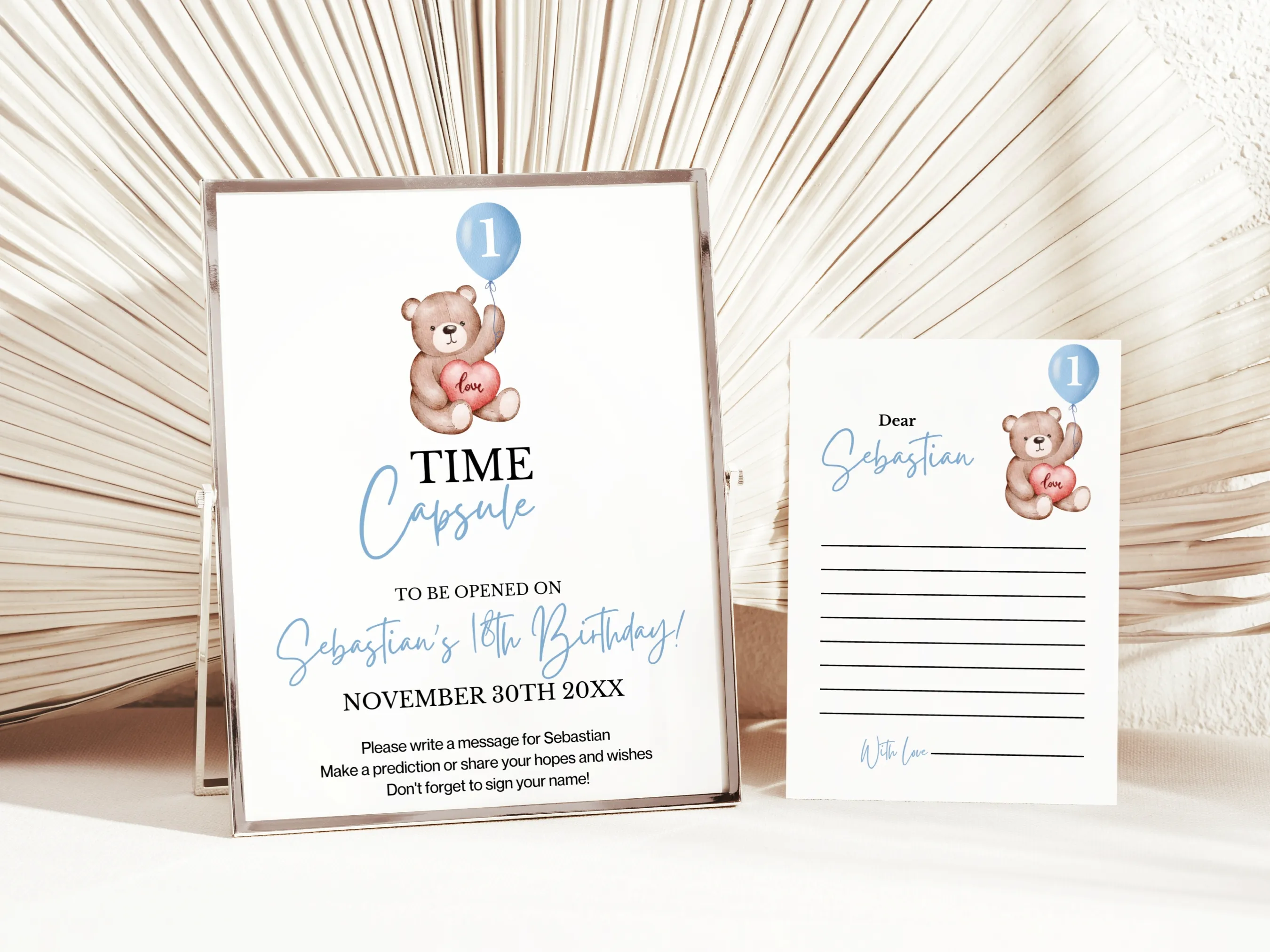 Teddy Bear 1st birthday time capsule sign and wishes card, cute teddy birthday guest book, editable Canva template, digital download.