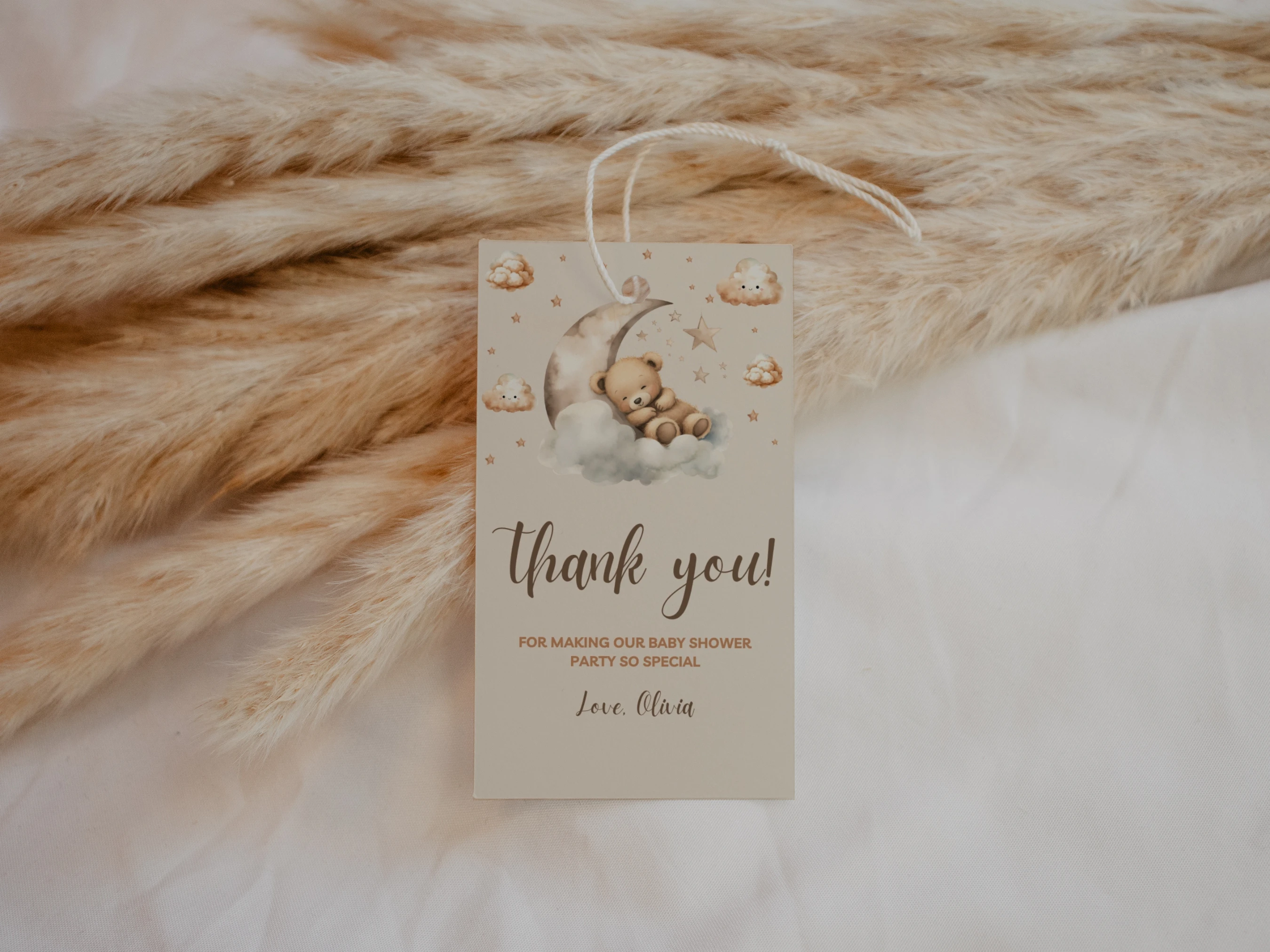 Sleeping Teddy Bear Baby Shower Thank You Tags | Over The Moon Beige Gold Favor Tags | Editable Canva Template | Digital Download