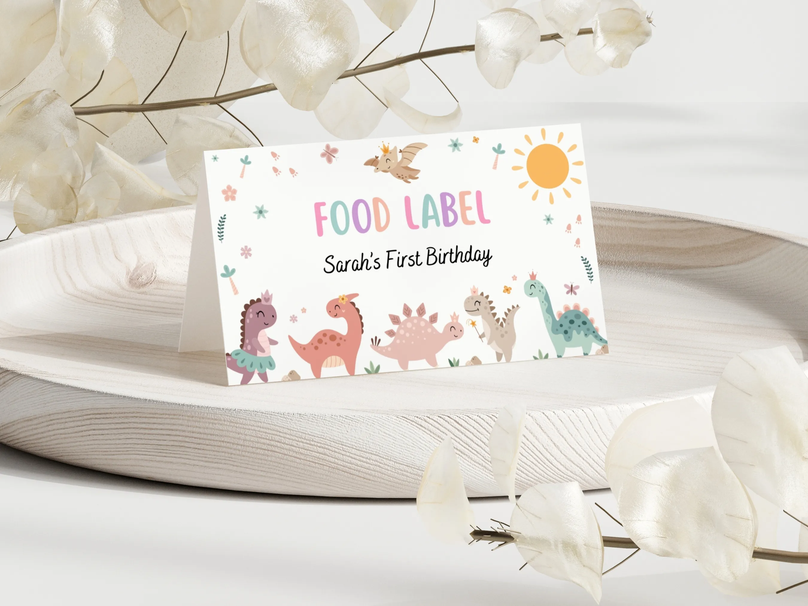 Baby girl dinosaur birthday food tent cards with pink dino design, editable name tags and table labels by fllcdesigns