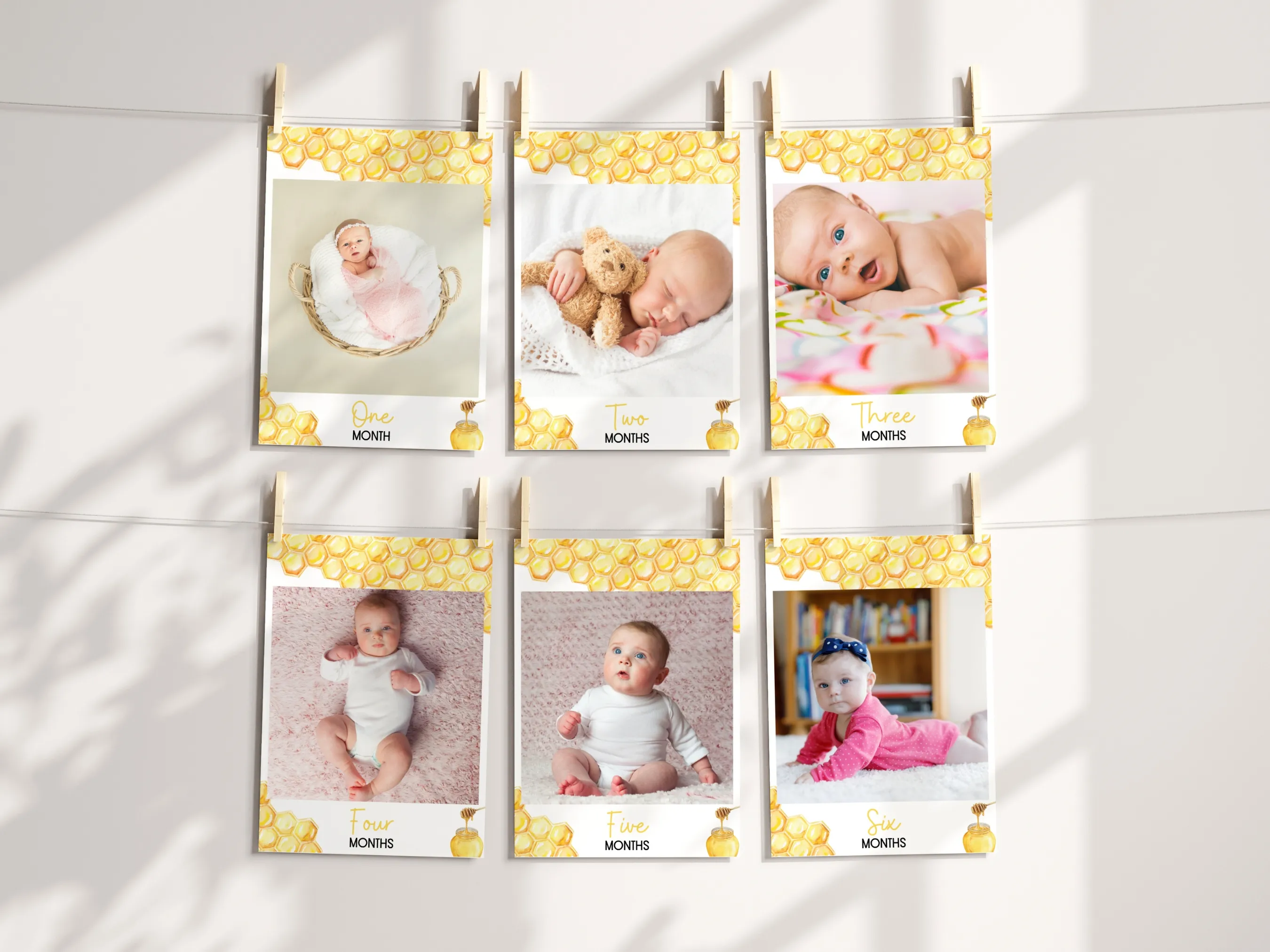 First Bee Day birthday photo banner with honey bee monthly milestone cards, editable Canva template for personalized bee-themed birthday decorations, digital download.