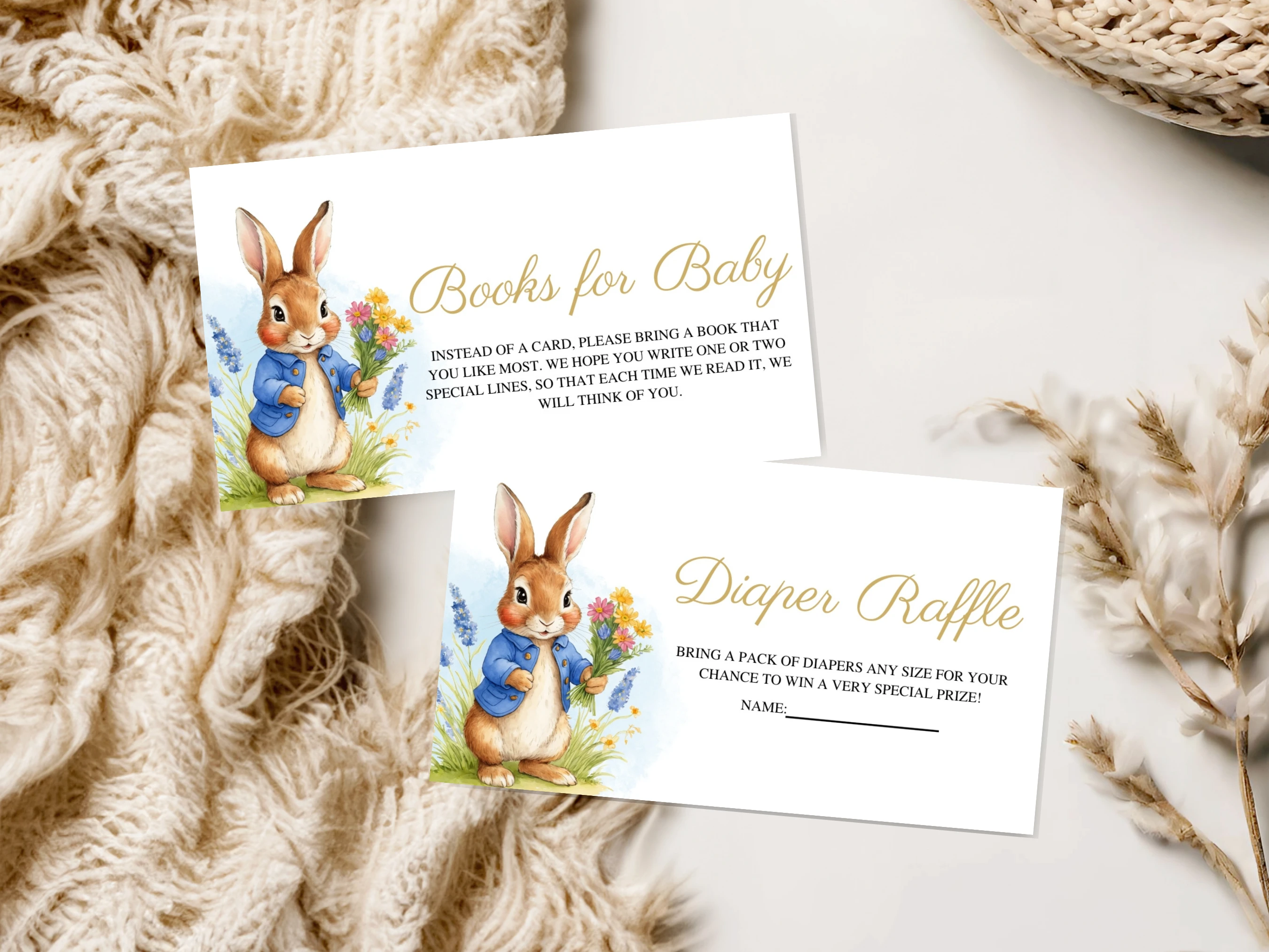 Peter Rabbit Baby Shower Invitation Set | Flopsy Bunny Spring Blue And Gold Starter Pack | Editable Canva Template | Digital Download