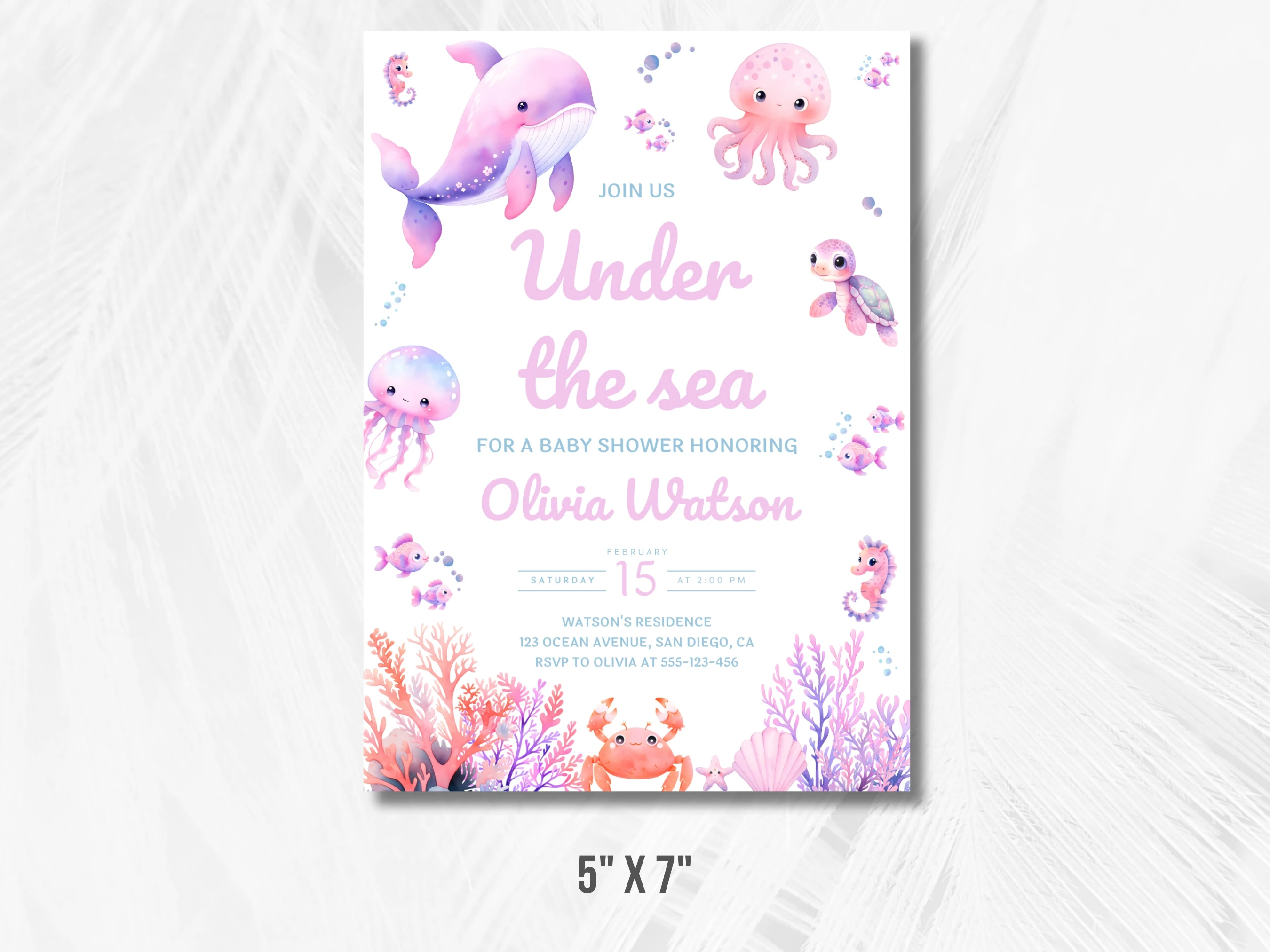 Under The Sea Baby Shower Invitation | Pink Ocean Baby Shower Invite | Girl Baby Shower Party | Editable Canva Template | Digital Download