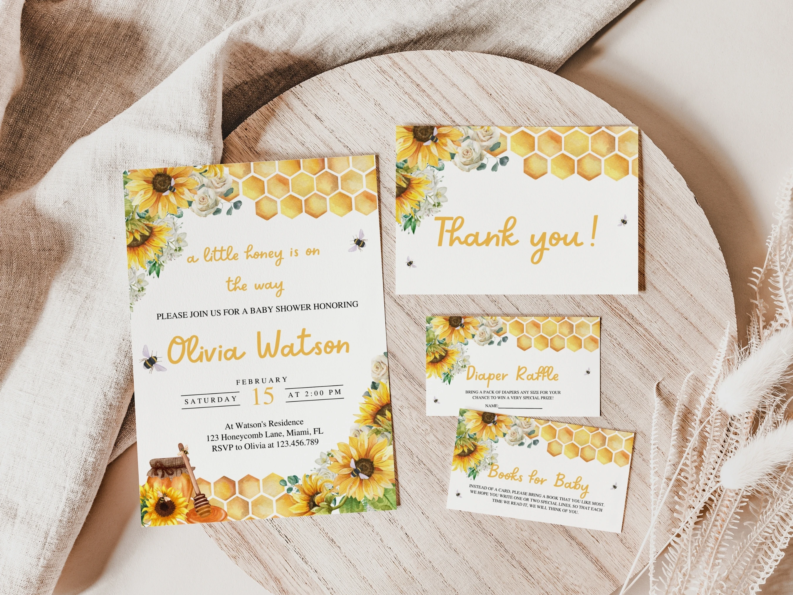 honey bee baby shower invitation set sunflower yellow starter pack baby girl invite thank you cards diaper raffle books for baby canva template digital download, sunflower baby shower invitation bundle