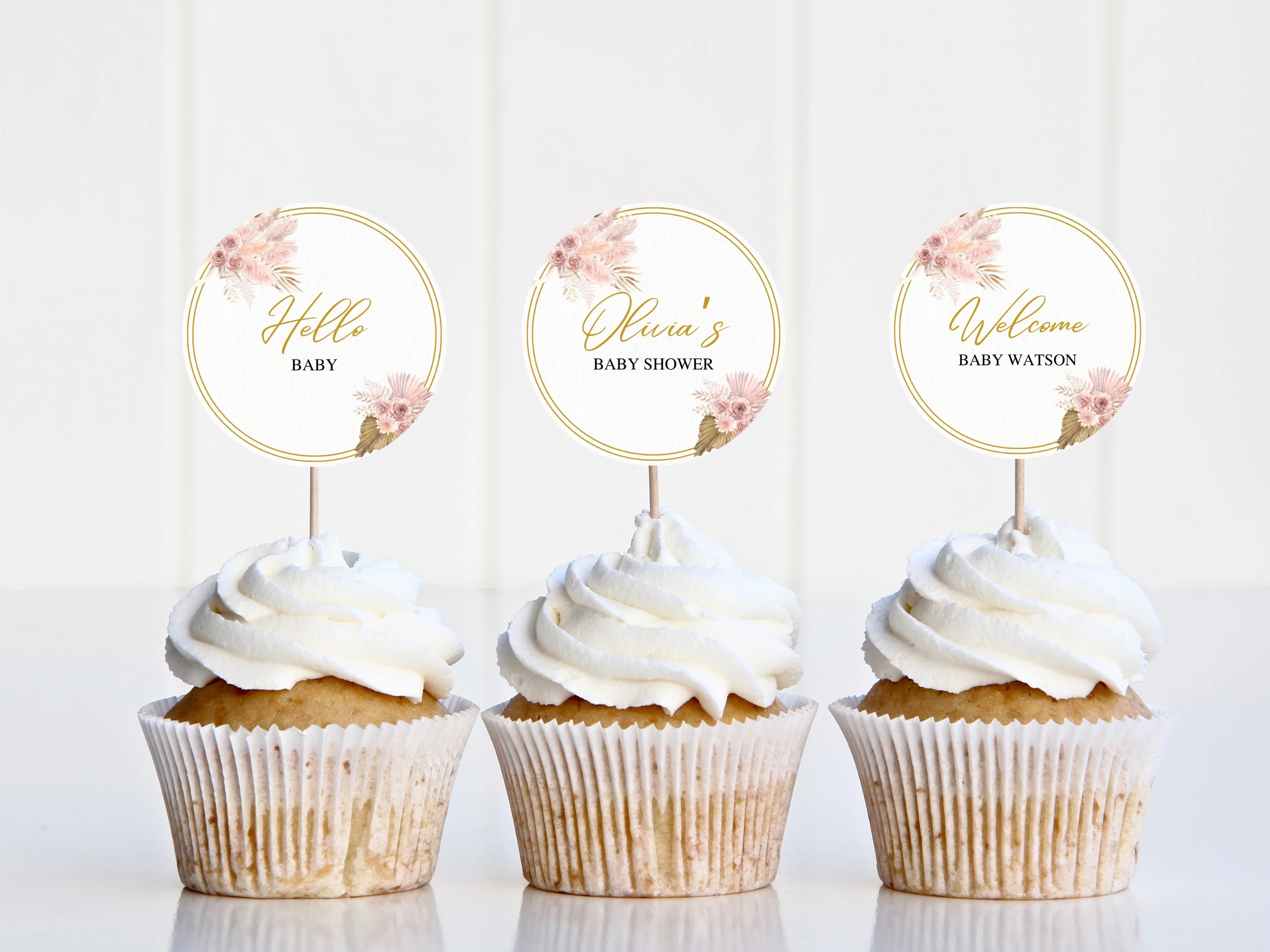 Boho Baby Shower Cupcake Toppers | Pampas Grass Rose Gold Cake Topper | Editable Canva Template | Digital Download