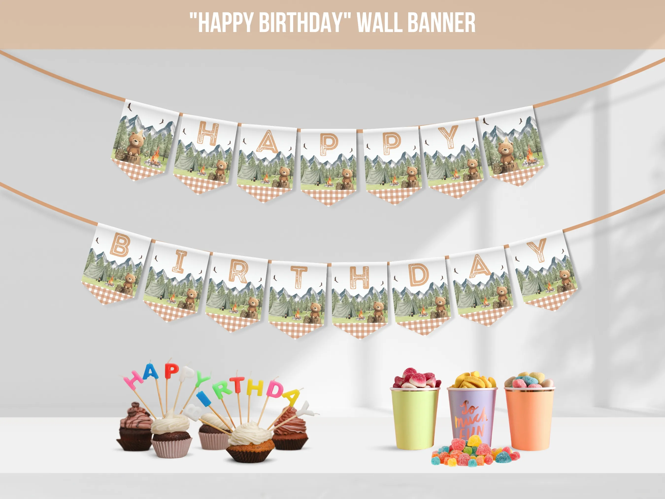One Happy Camper Happy Birthday banner with woodland camping theme, customizable wall banner and party bunting, editable Canva template by fllcdesigns