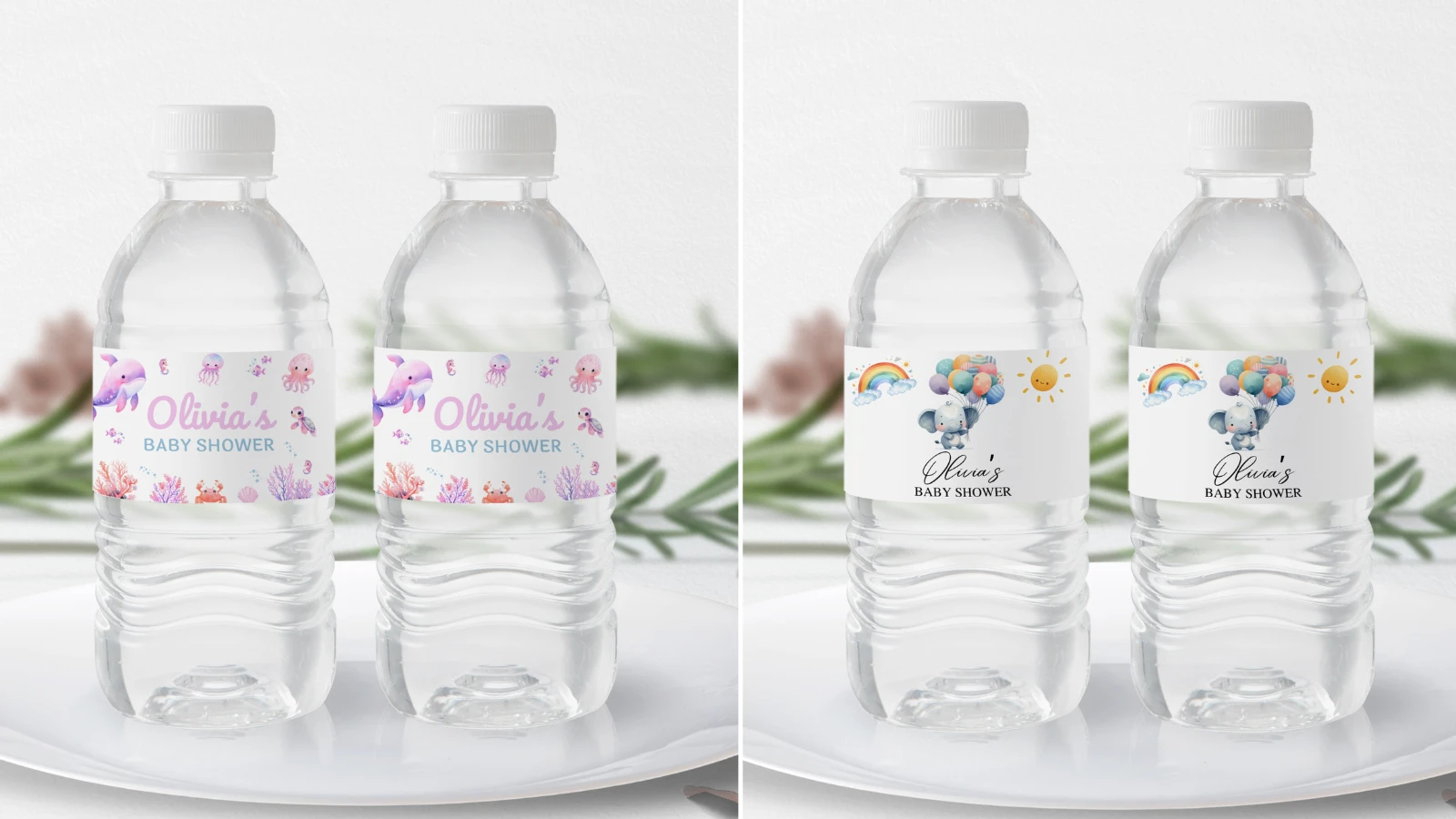 Printable baby shower bottle labels editable in Canva for decorating water bottles and party drinks – fllcdesigns