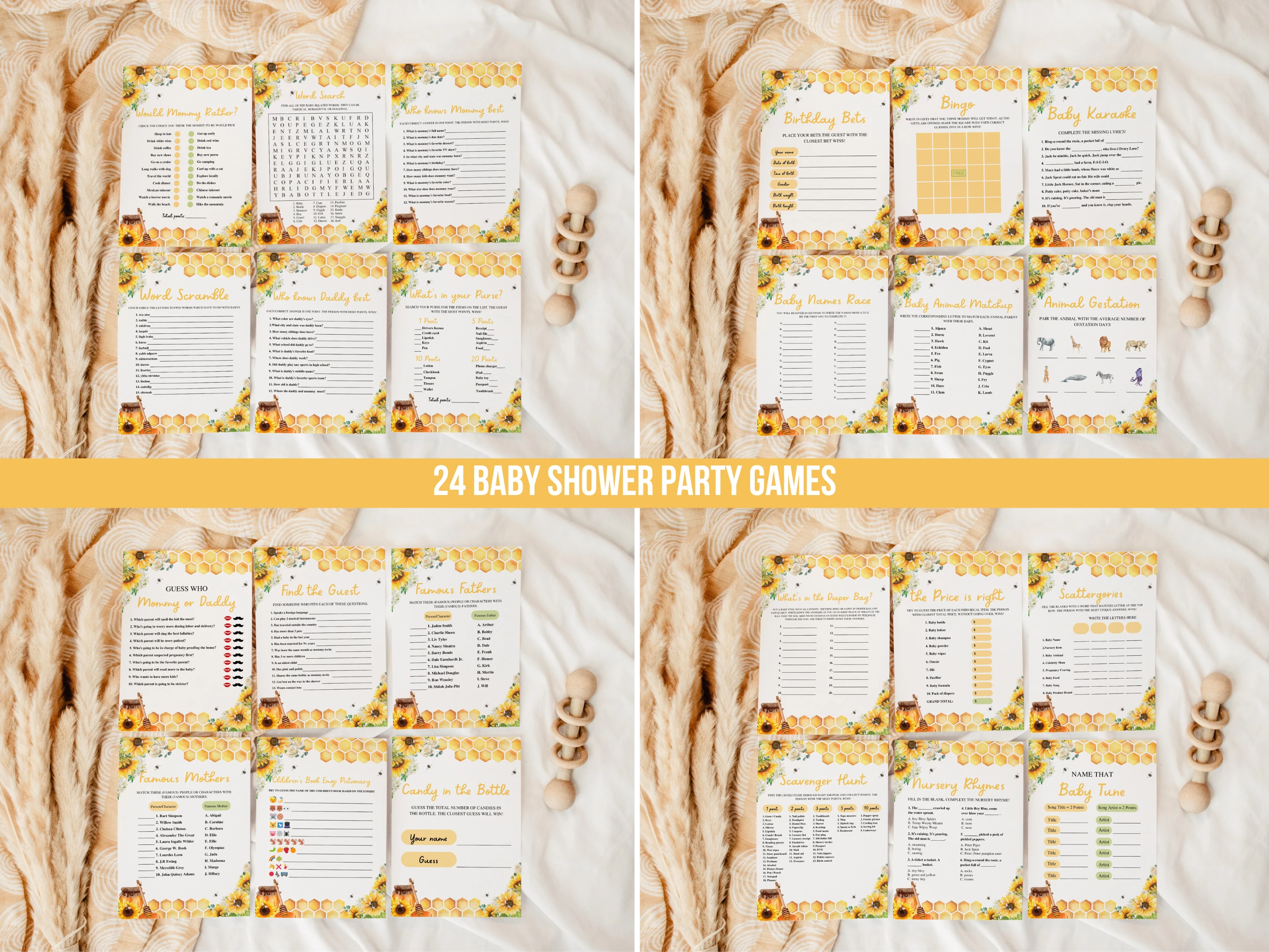 Bumble Bee Baby Shower Games Bundle | Sunflower Baby Shower Bingo Printable Games | Honey Bee Baby Shower Party Games | Editable Canva Template | Digital Download