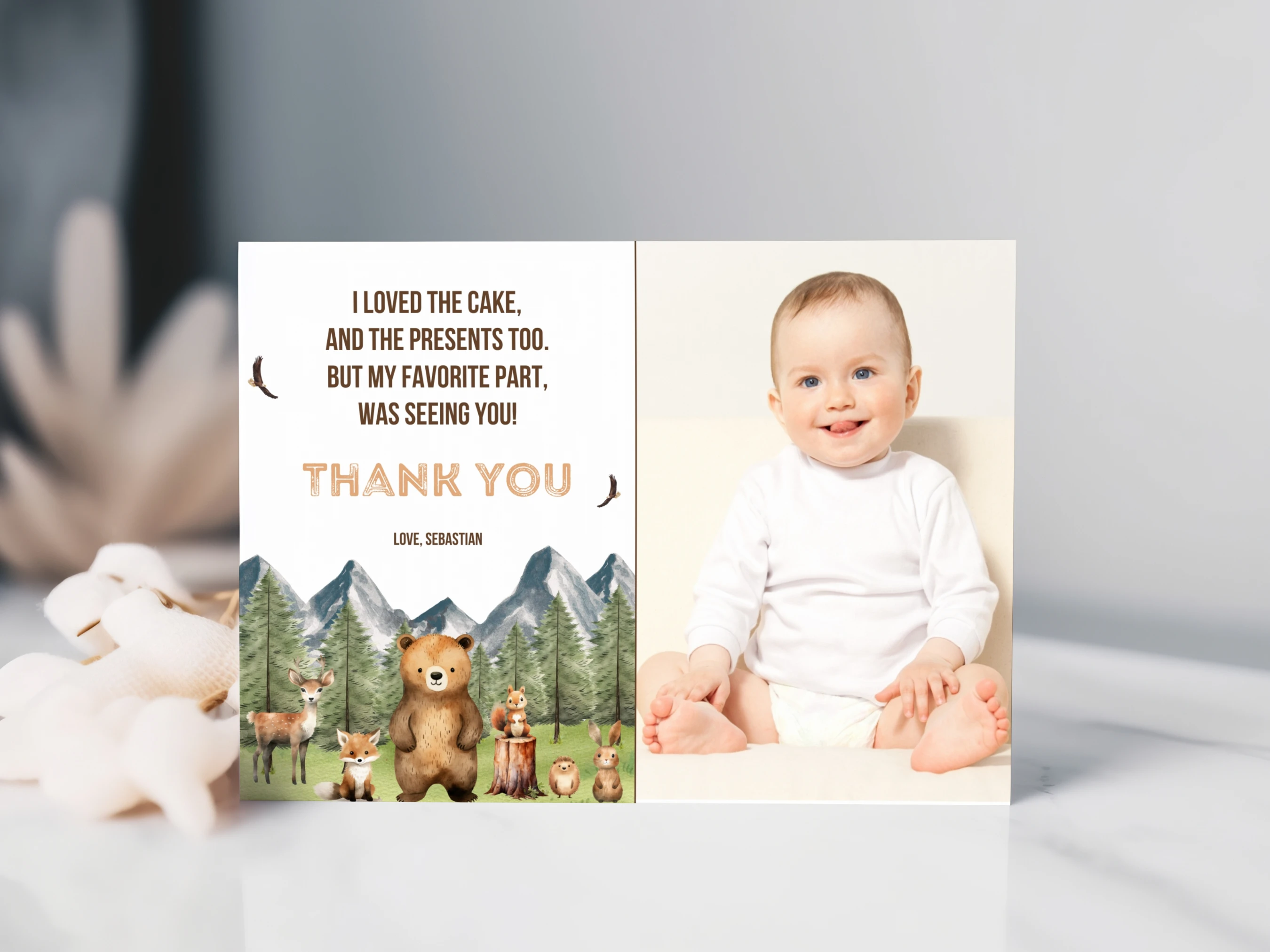 forest animals thank you card, woodland birthday thank you note, birthday thank you card with photo, brown bear thank you note, printable kids thank you card