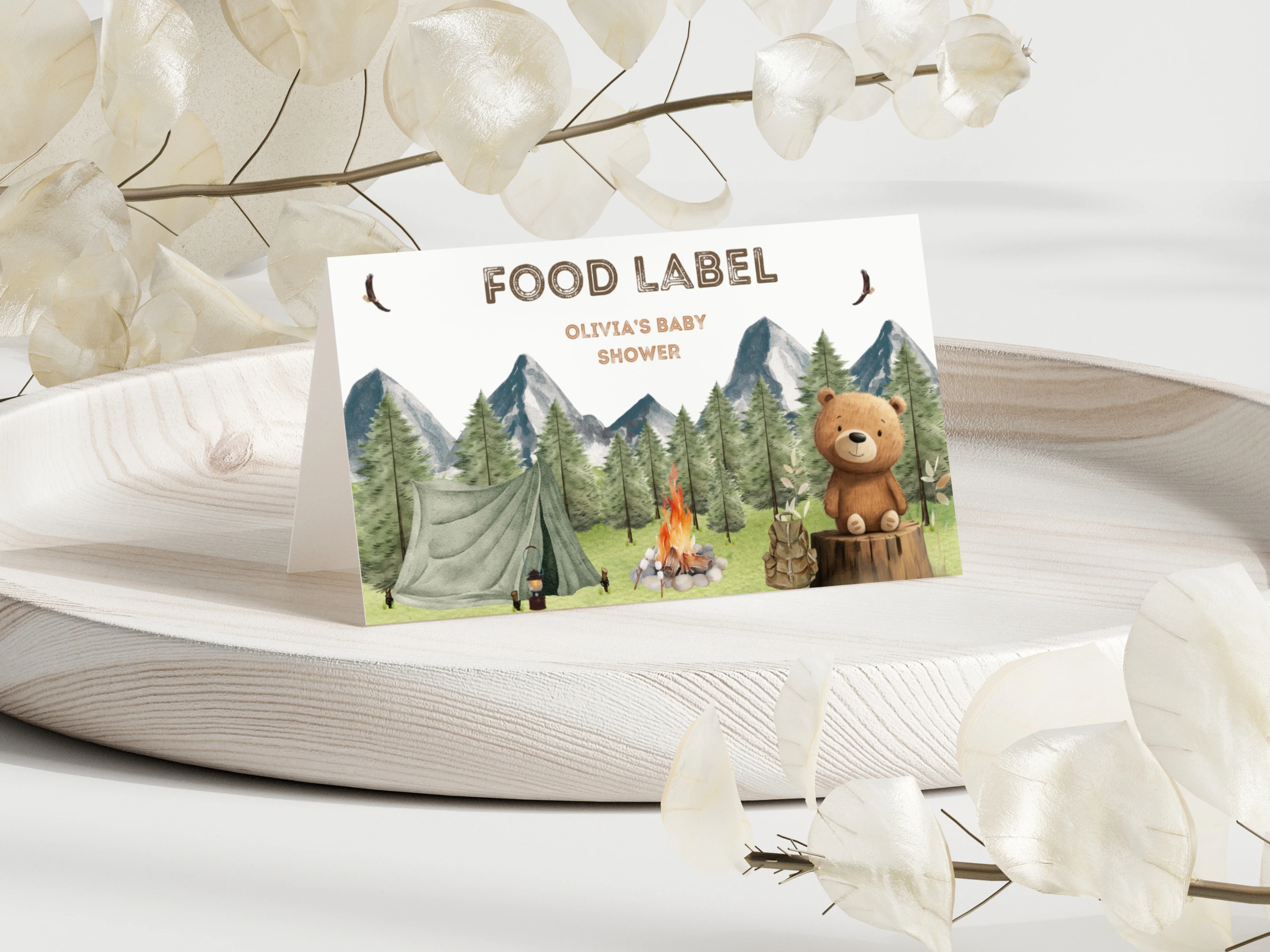 little camper baby shower place cards woodland bear theme seating cards canva template digital download, woodland baby shower seating cards bear decorations canva template