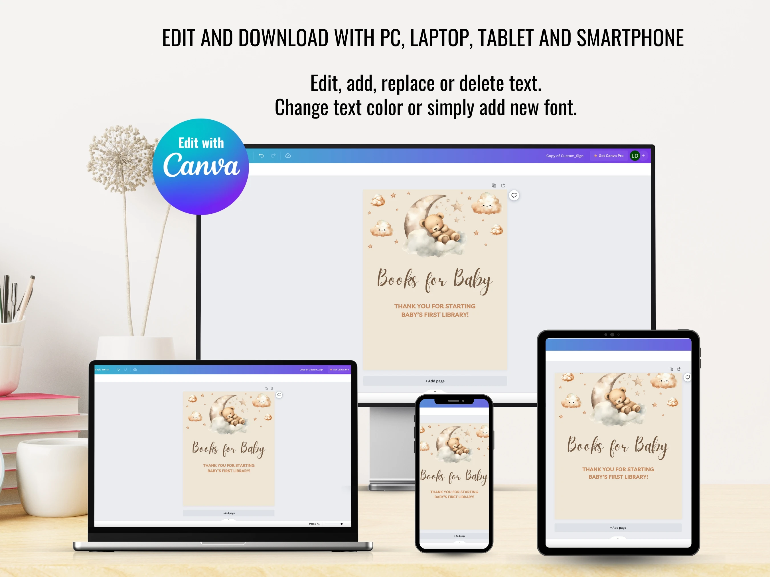Sleeping Teddy Bear Baby Shower Table Signs | Over The Moon Late Night Diapers Sign | Pacifier Hunt Sign | Editable Canva Template | Digital Download