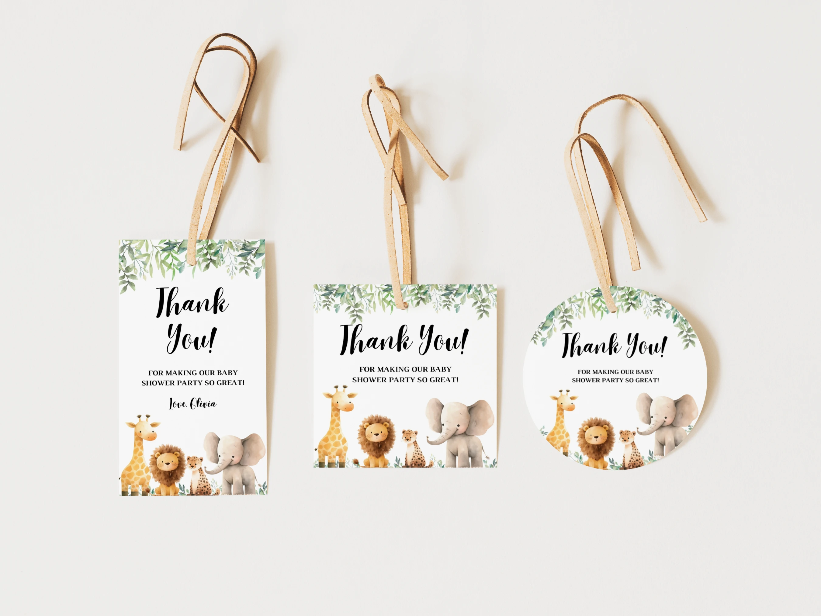 safari baby shower thank you tags jungle animals wild one favors canva template digital download, jungle animals baby shower favor tags elephant lion monkey decorations canva template