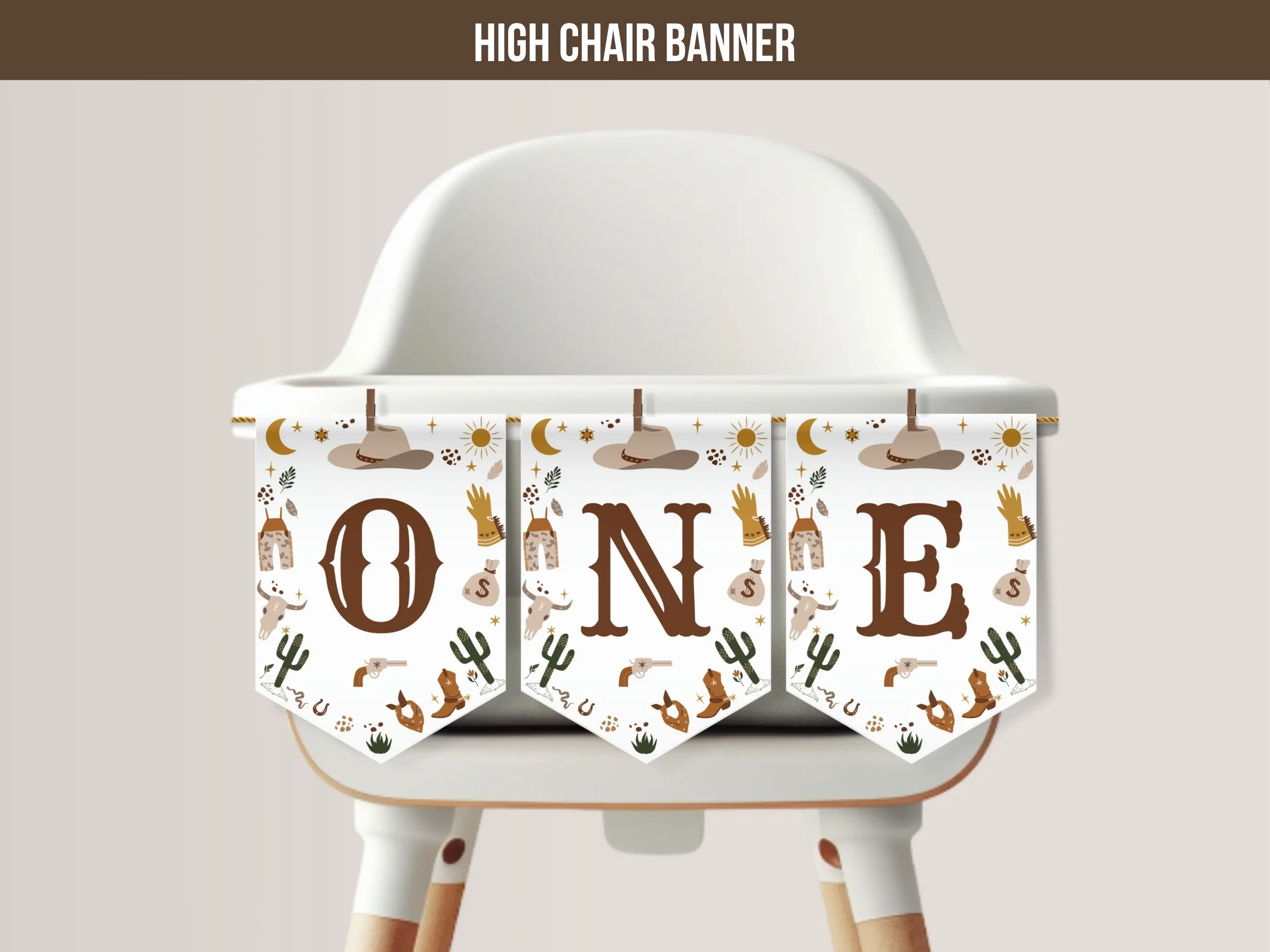 My First Rodeo birthday high chair banner with cowboy theme and ONE lettering for a western first birthday, editable Canva template digital download by fllcdesigns