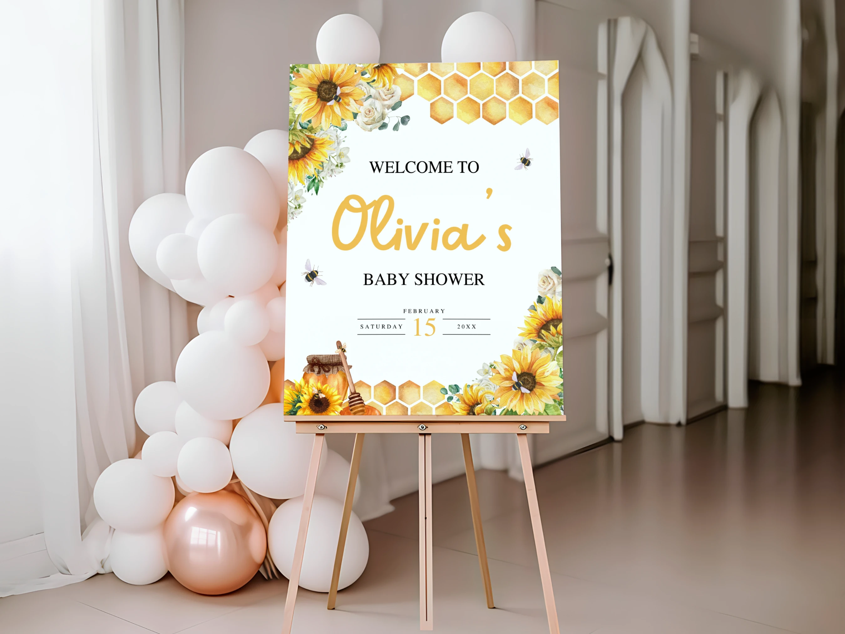 honey bee baby shower welcome sign sunflower bumble bee spring baby girl board canva template digital download, sunflower baby shower welcome board bumble bee decorations canva template
