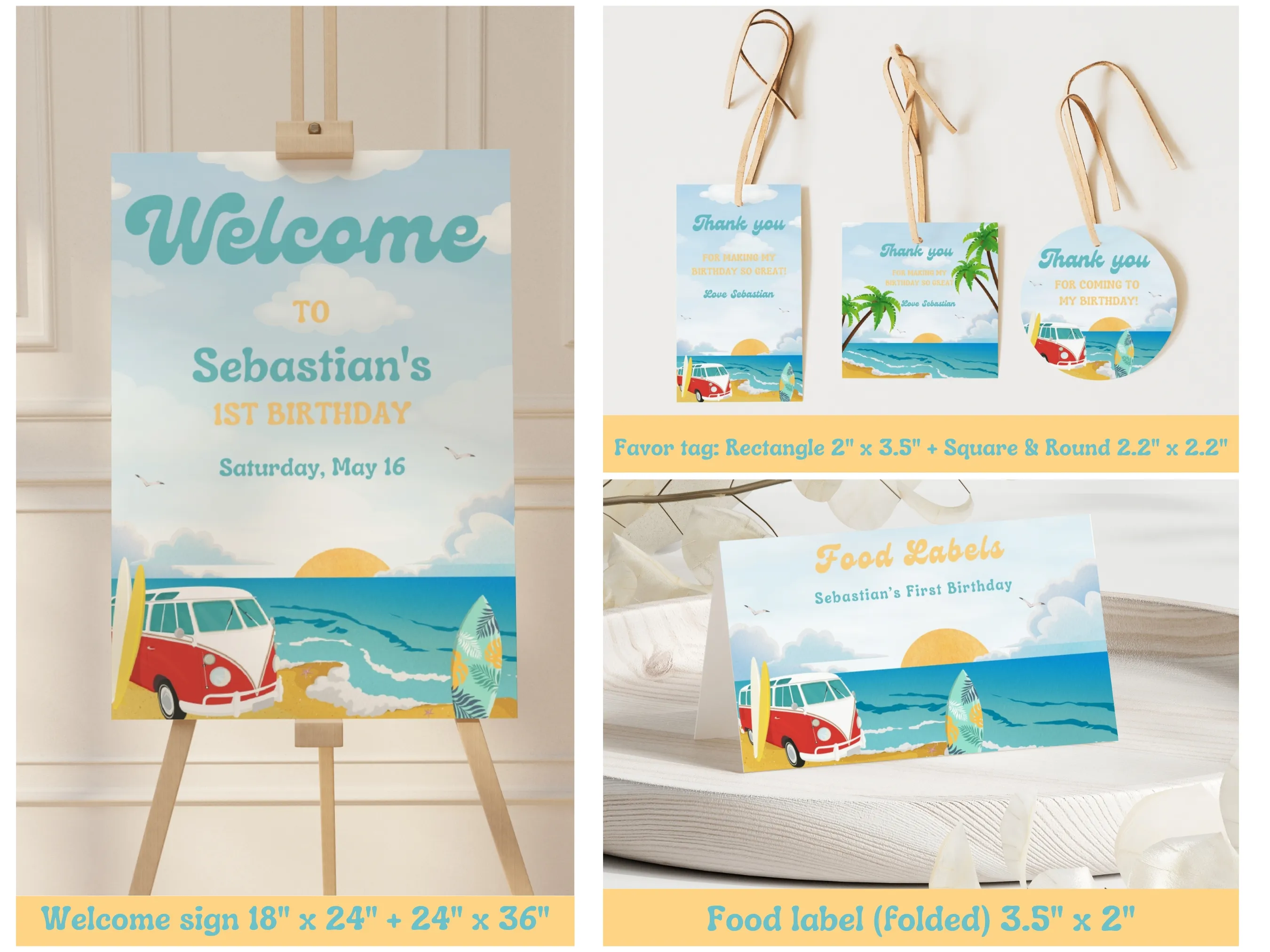 The Big One Birthday Bundle | Surf Birthday Party | Beach Theme | VW Truck | Editable Canva Template | Digital Download