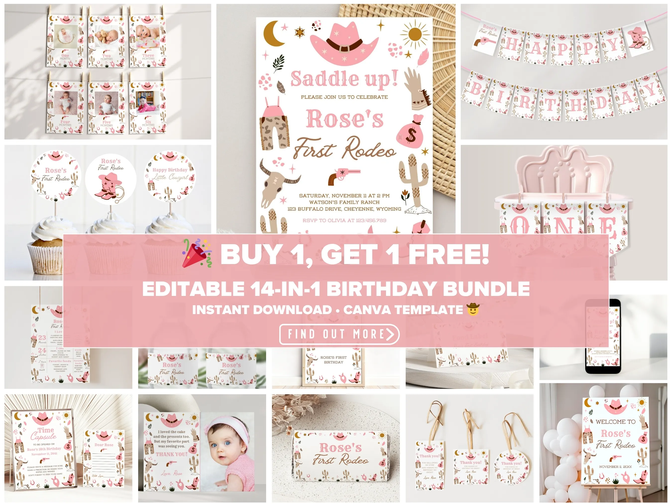 My First Rodeo cowgirl birthday decorations bundle — editable Canva templates for invitations, signs & party decor (digital download)