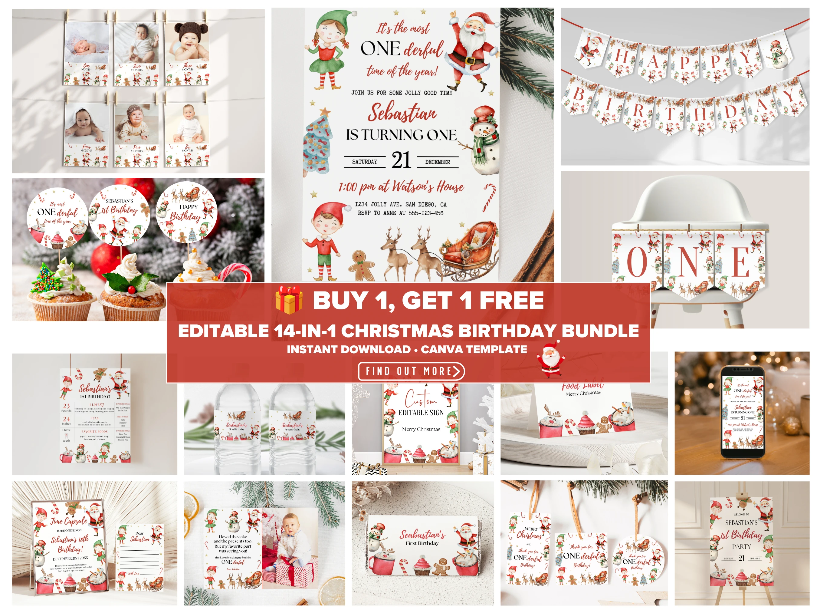 Santa first birthday party bundle with watercolor Santa, elves, snowmen, reindeer, invitation, photo cards, banners, milestone sign, favor tags and editable Canva templates
