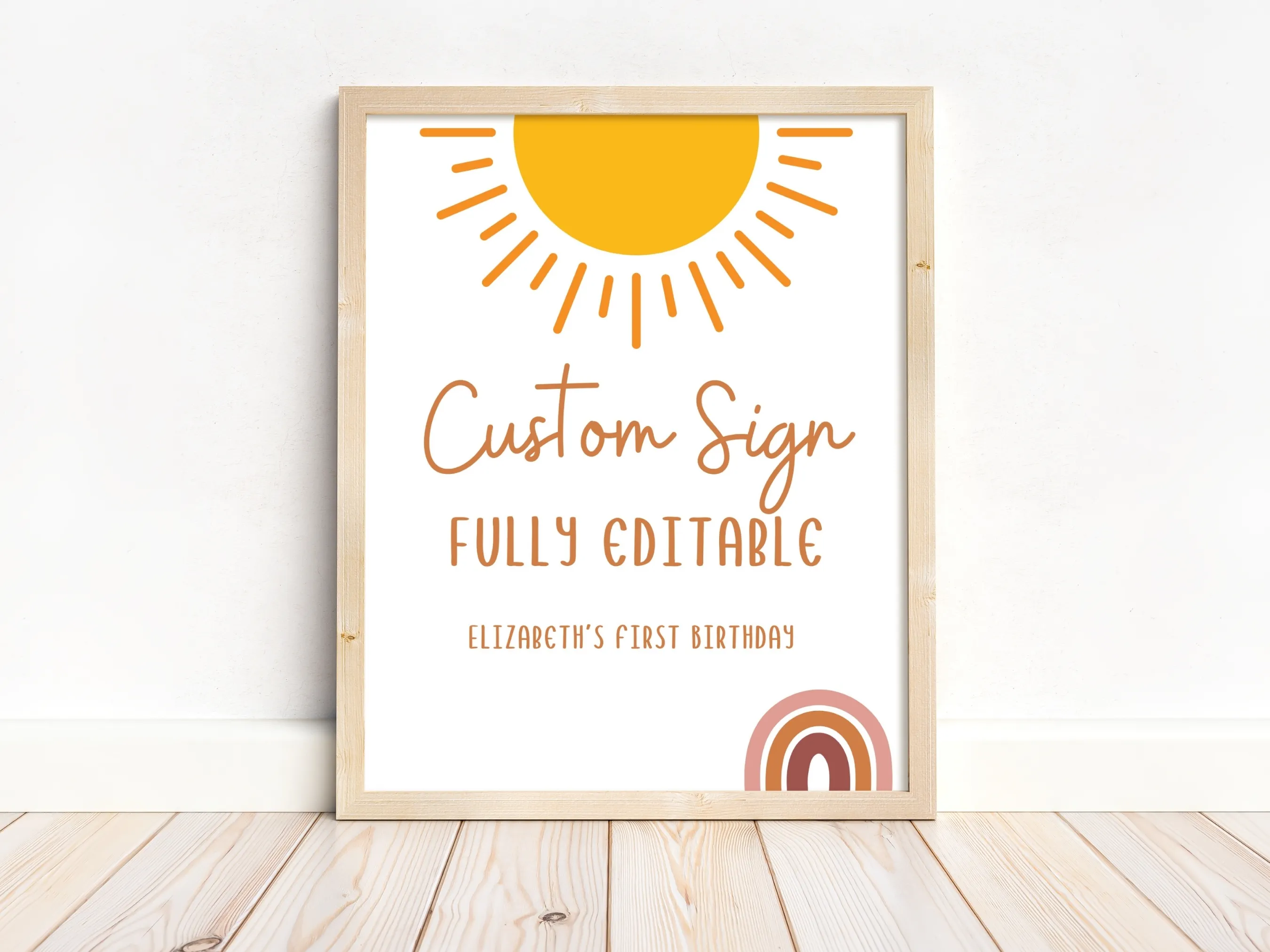 Sunshine birthday party cards and gifts sign with boho sun theme, customizable cookie table and gift table sign for a 1st birthday girl, editable Canva template by fllcdesigns