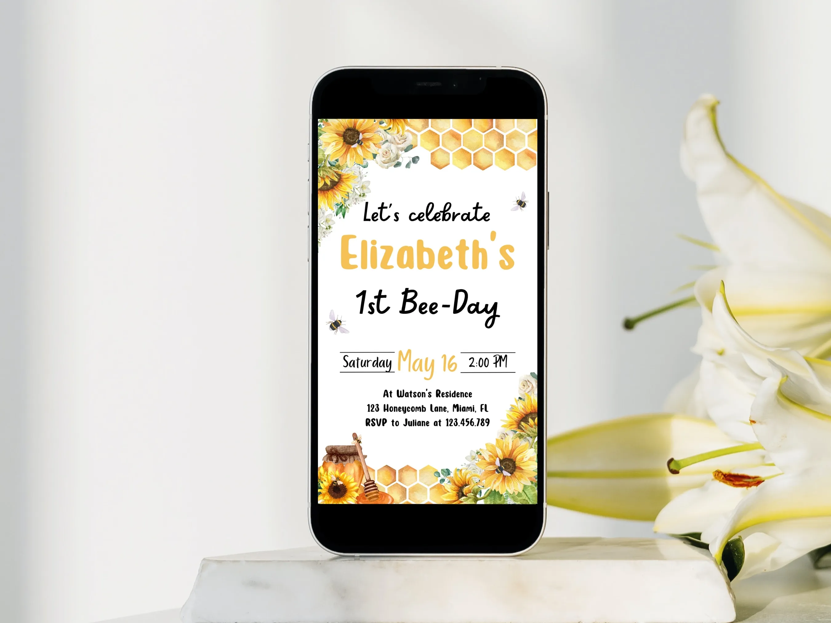 Sunflower Bee 1st birthday mobile invitation with cute bumble bee theme, editable Canva template for kids’ sunflower bee party, digital download.