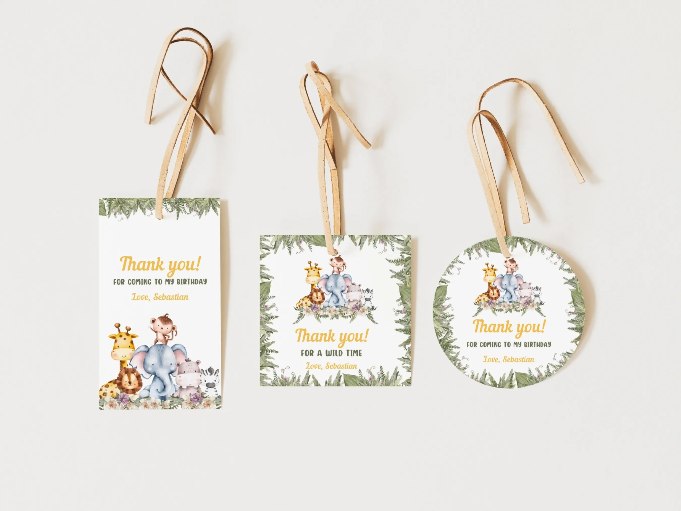 Wild One safari birthday thank you tags with jungle animals, greenery and safari theme, editable Canva template by fllcdesigns