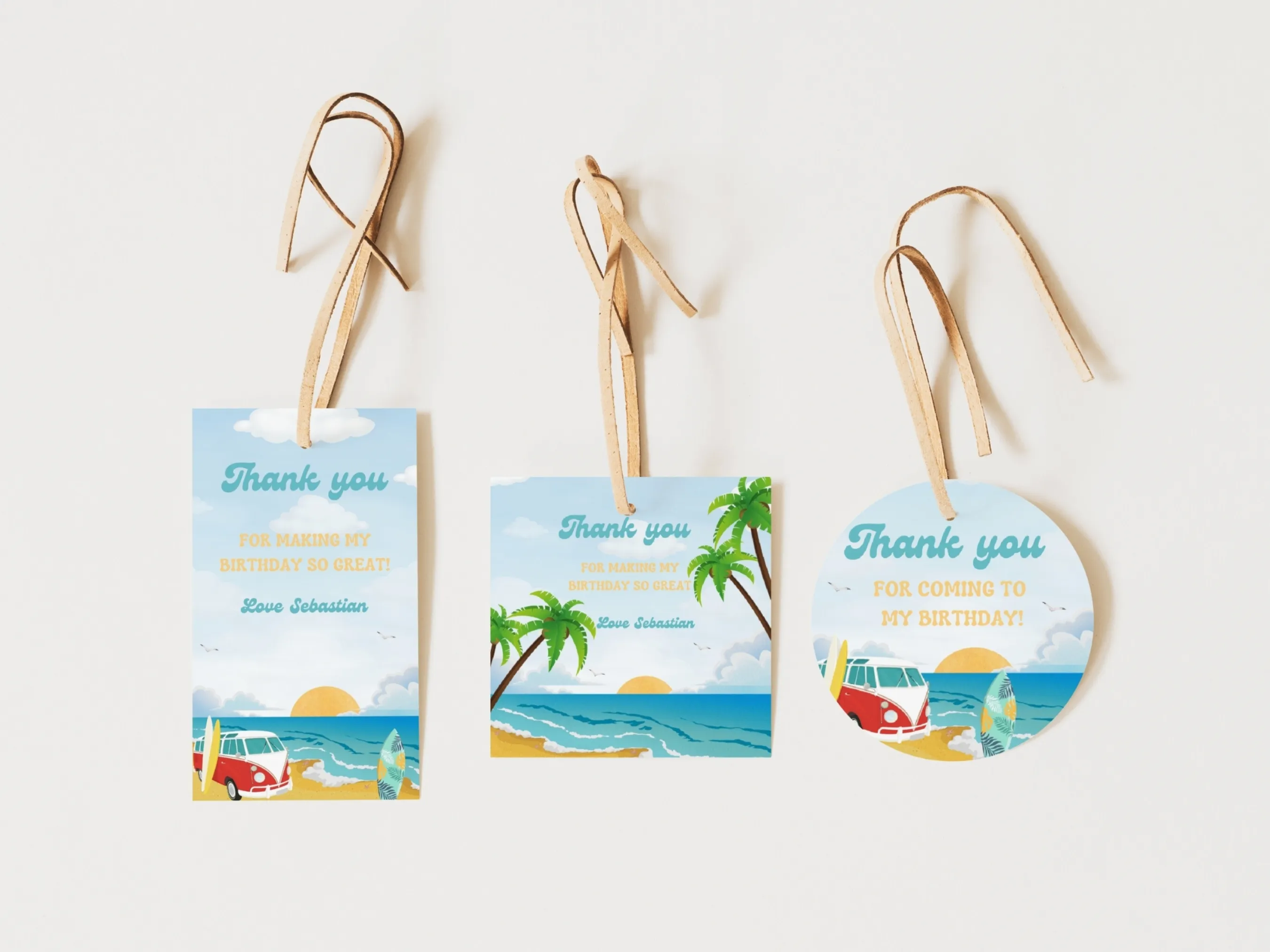Surf birthday thank you tags with beach theme, surfboard and wave design, The Big One party favor labels, editable Canva template by fllcdesigns