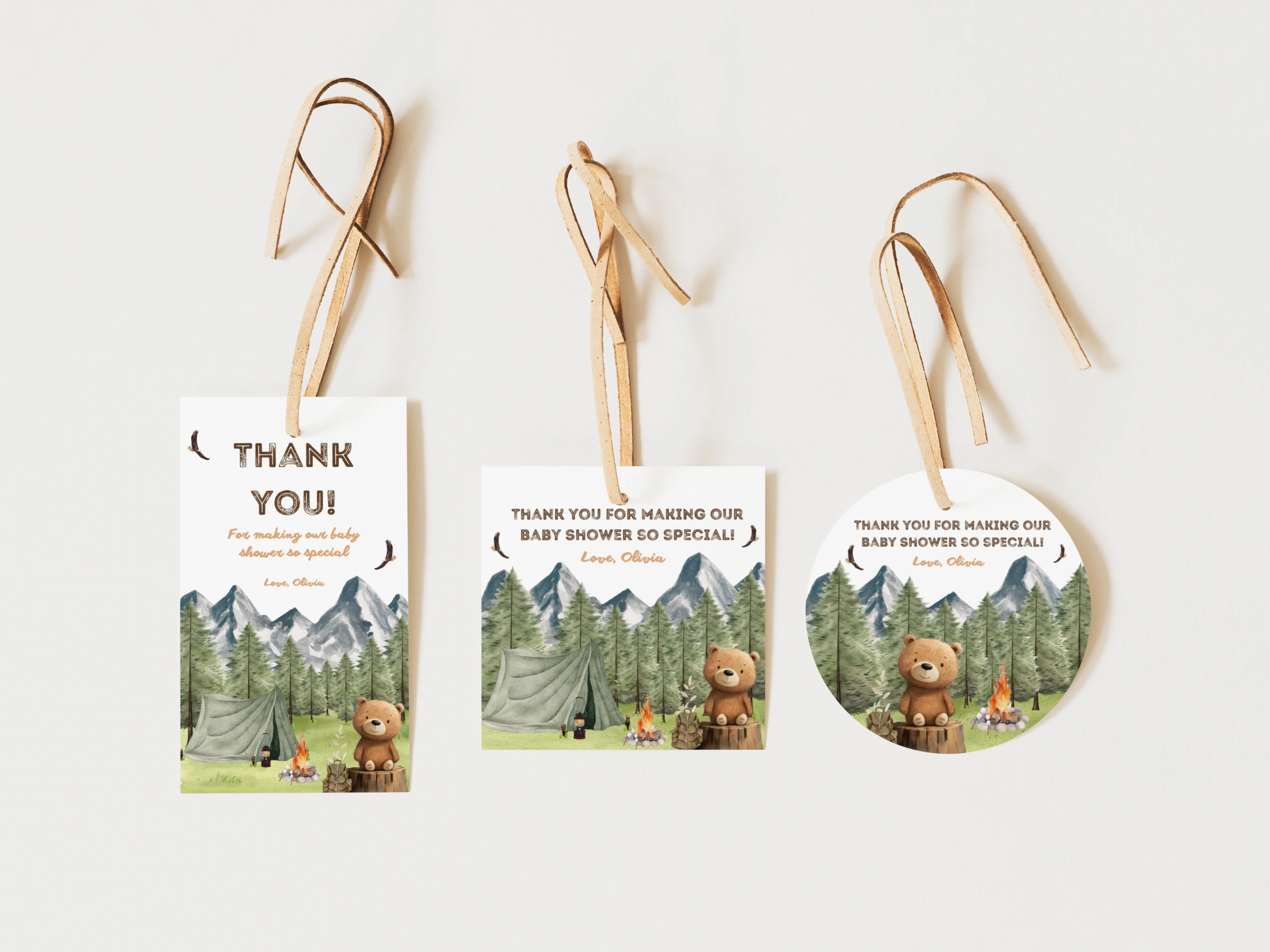 little camper baby shower thank you tags woodland bear adventure favors canva template digital download, woodland baby shower favor tags bear adventure awaits baby shower decorations canva template