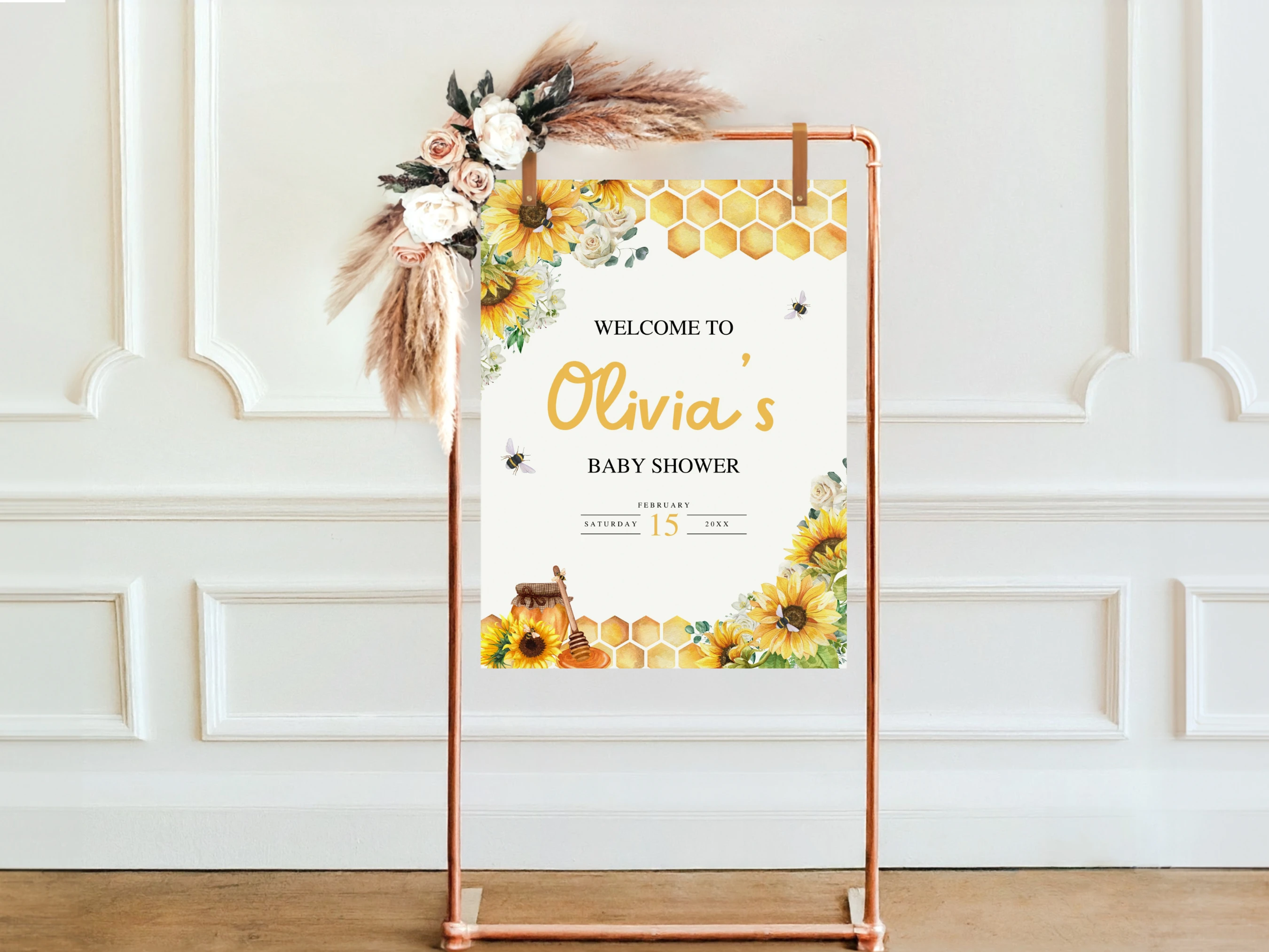 Sunflower Honey Bee Baby Shower Welcome Sign | Yellow Bumble Bee Welcome Board For Baby Girl | Editable Canva Template | Digital Download
