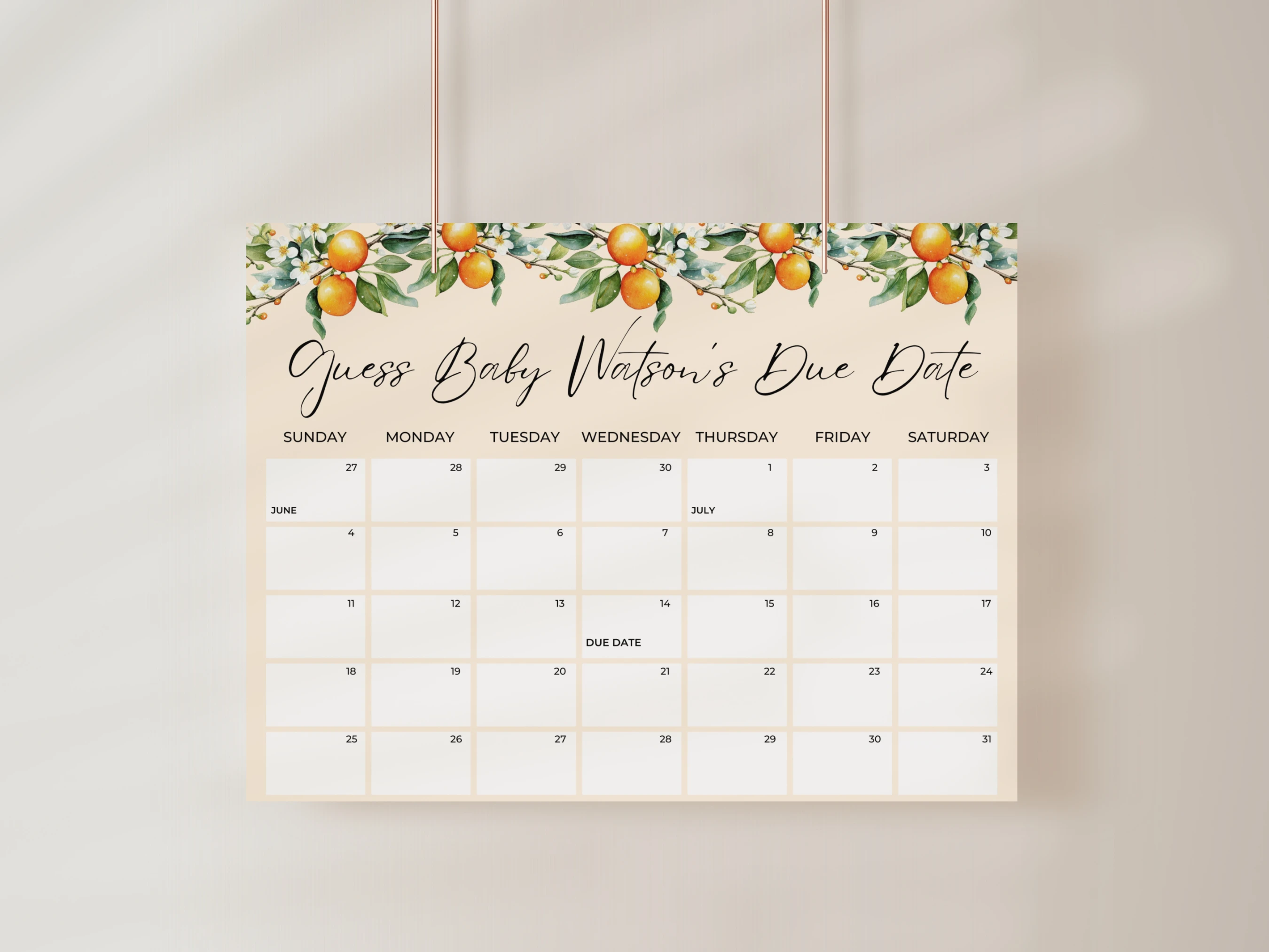little cutie baby due date calendar orange citrus spring prediction game canva template digital download, orange baby shower prediction game spring fruit decorations canva template