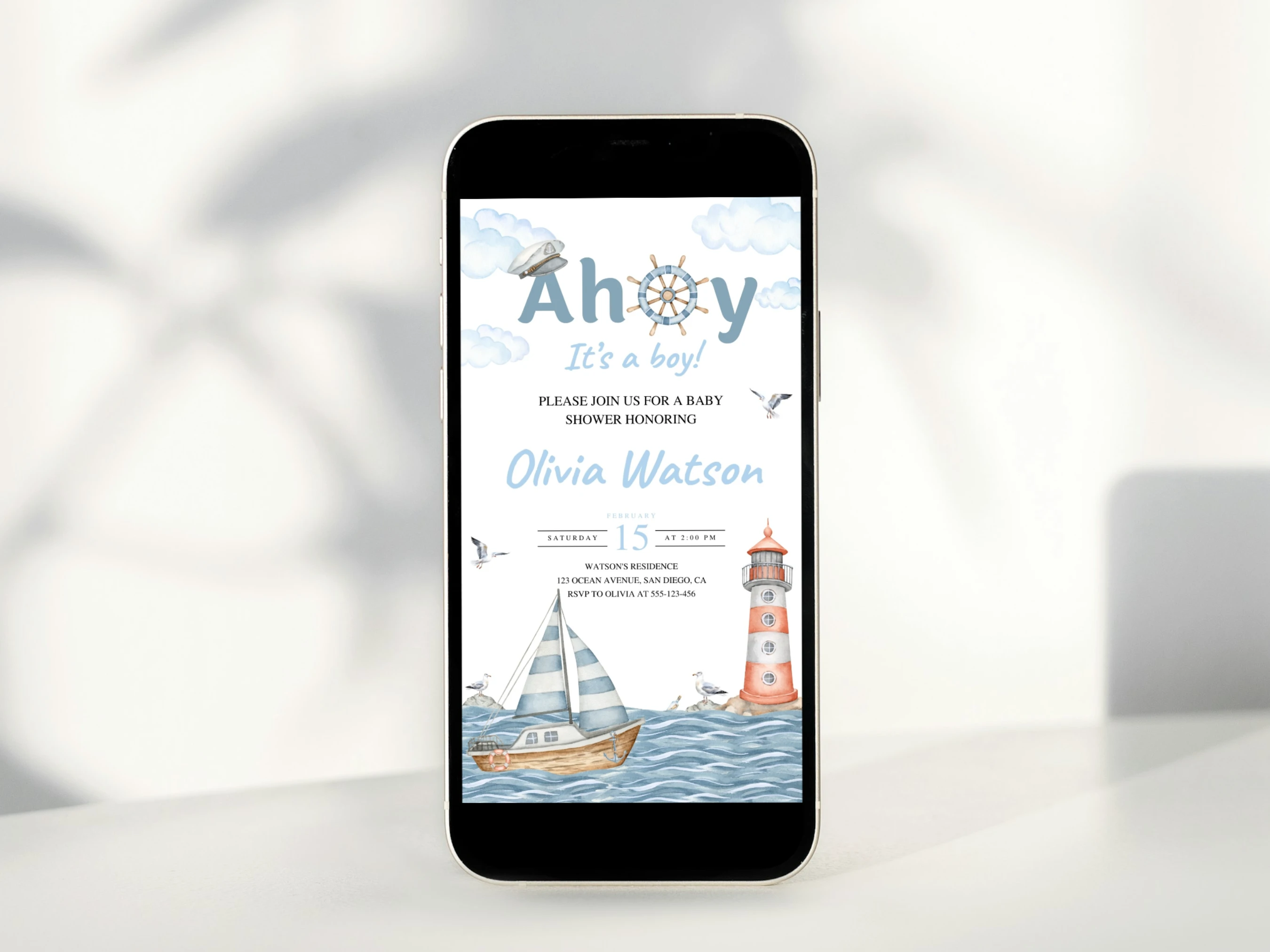 ahoy it's a boy baby shower mobile invitation, nautical baby shower digital invite, ocean sailboat baby shower invitation template, printable baby shower invite, editable baby shower invitation Canva