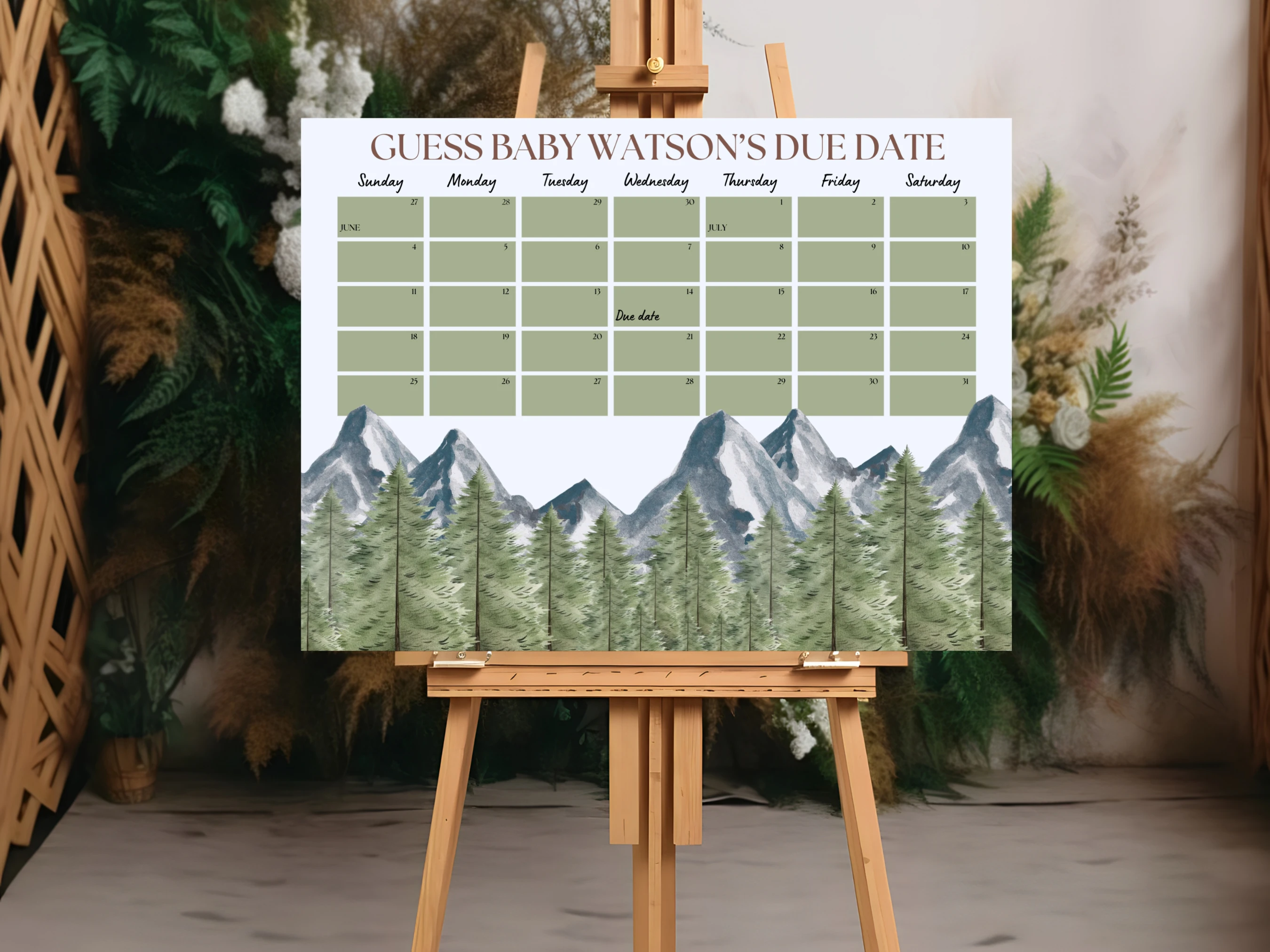 Adventure Awaits Baby Due Date Calendar | Woodland Prediction Game | Forest And Mountains Guess The Birthday | Editable Canva Template | Digital Download