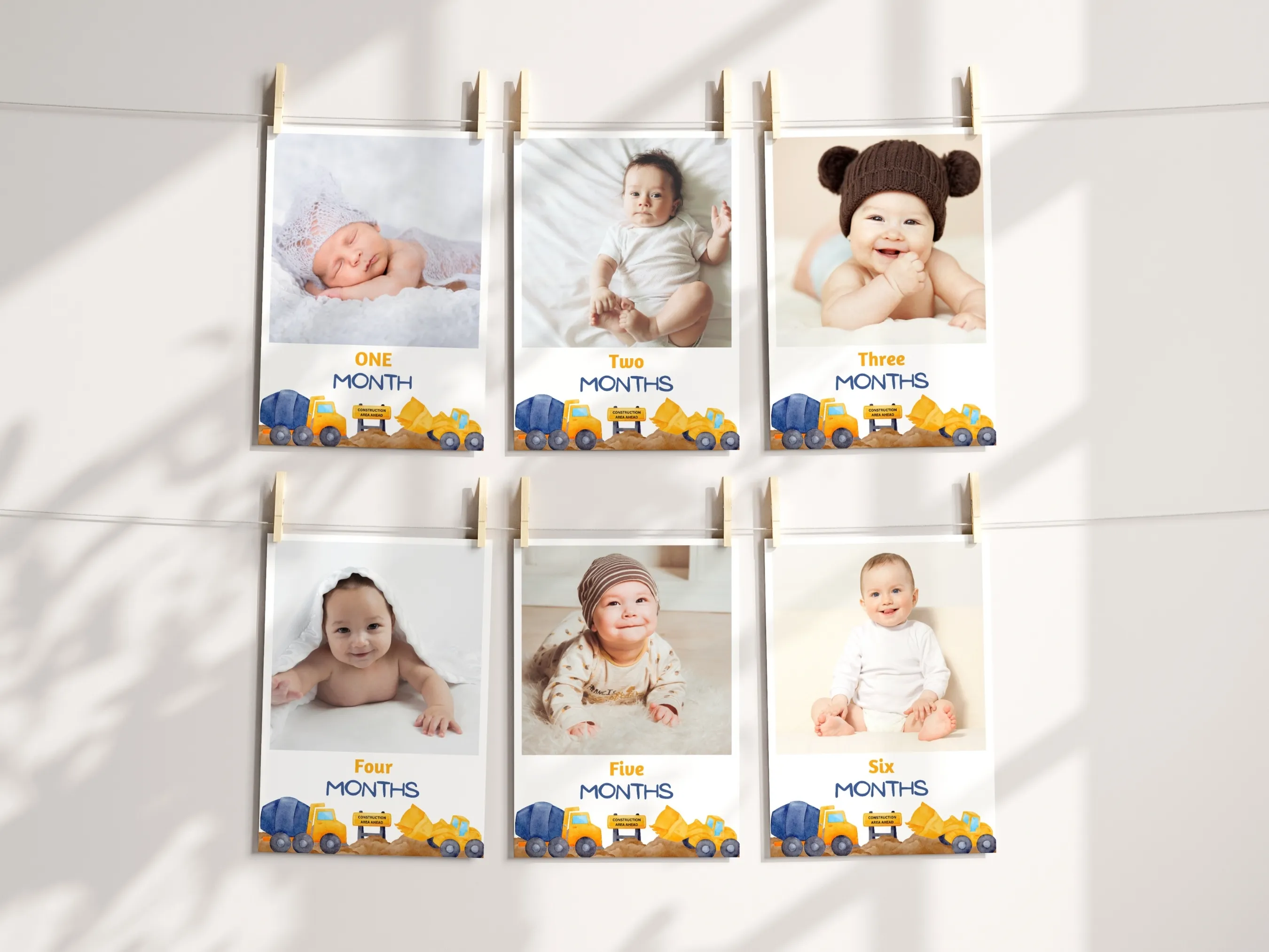 Construction birthday photo banner with baby milestone cards, editable Canva template for personalized construction-themed birthday decorations, digital download.