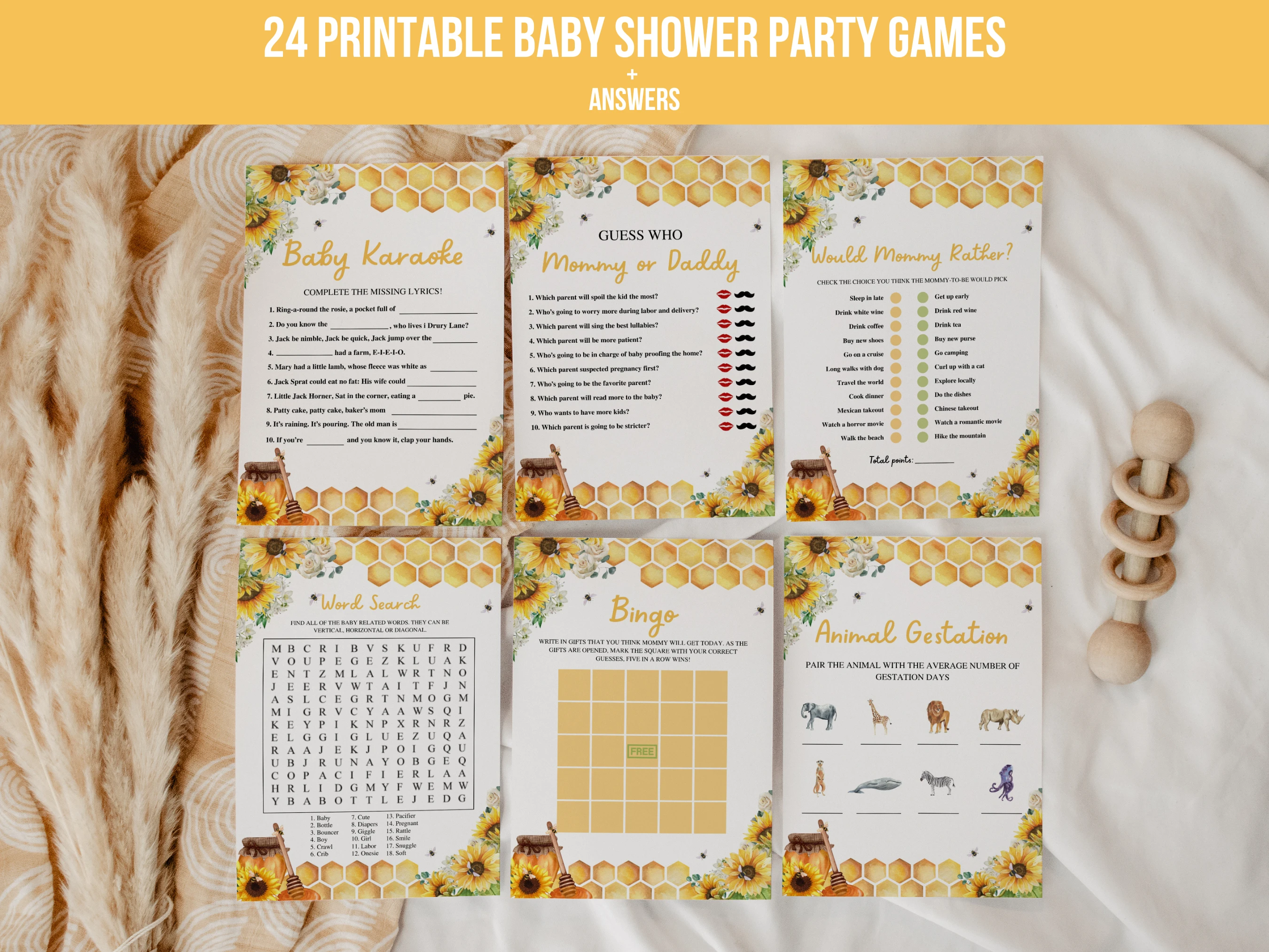 bumble bee baby shower games bundle, baby shower bingo printable games, 24 printable baby shower games bundle, honey bee baby shower games, editable baby shower games Canva