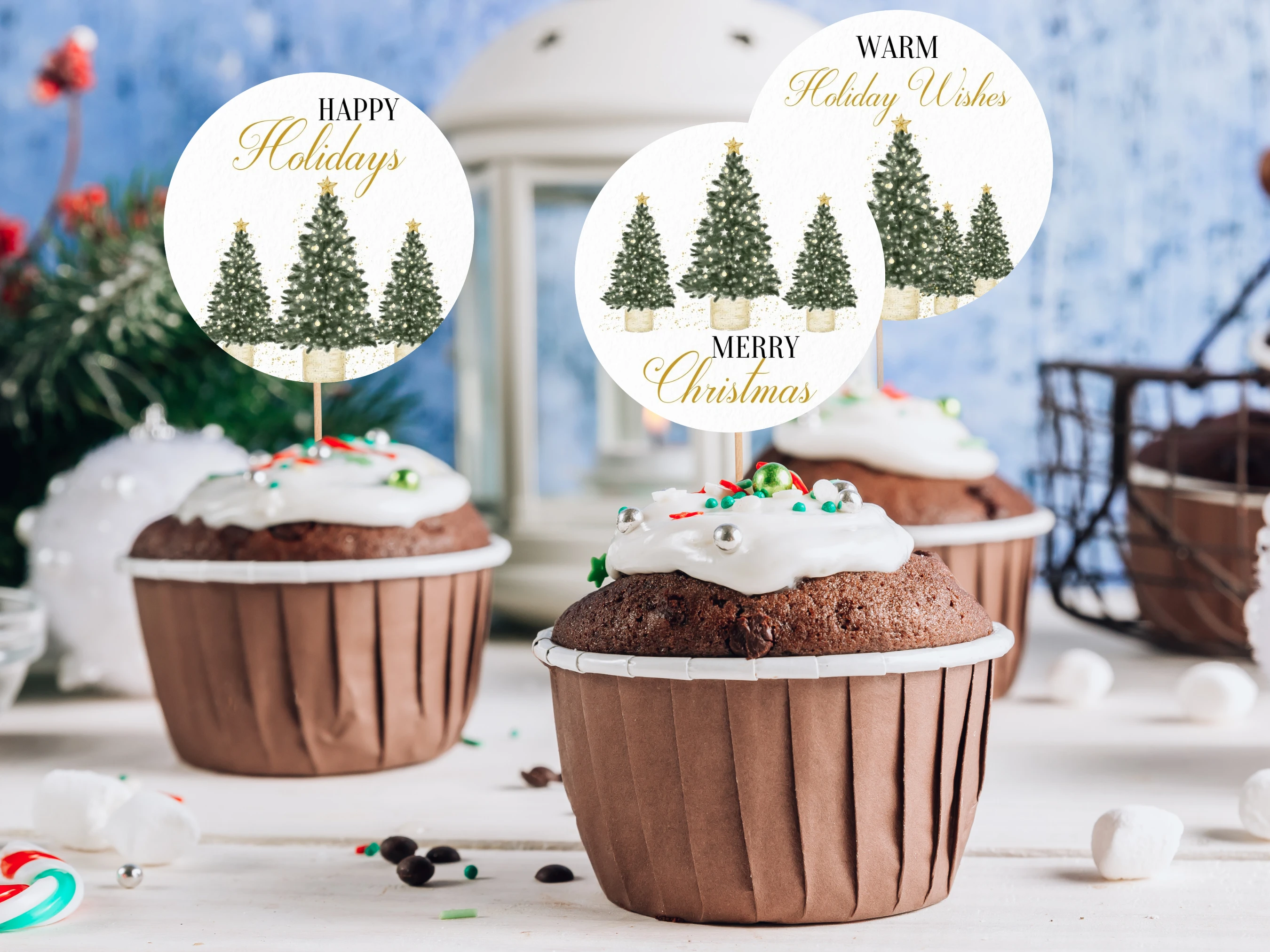 Green and Gold Christmas Tree cupcake toppers with golden glitter details and festive holiday greetings, editable 2.2 × 2.2 inch Canva templates for Christmas dinner party decor