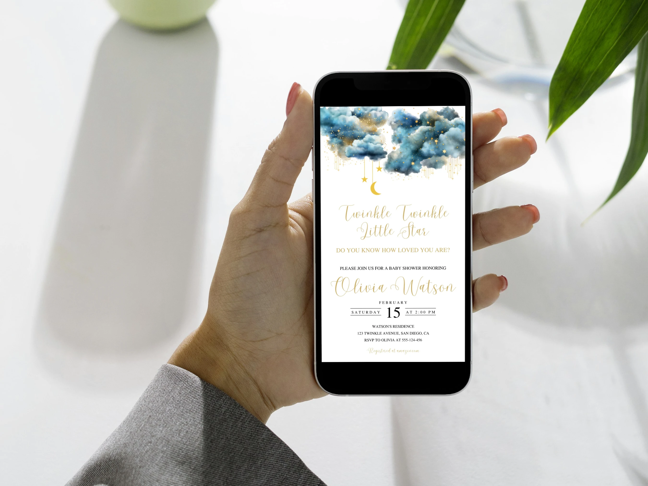 Twinkle Little Star Baby Shower Mobile Invitation | Over The Moon Baby Shower Digital Invite | Blue and Gold Baby Shower Party | Editable Canva Template | Digital Download