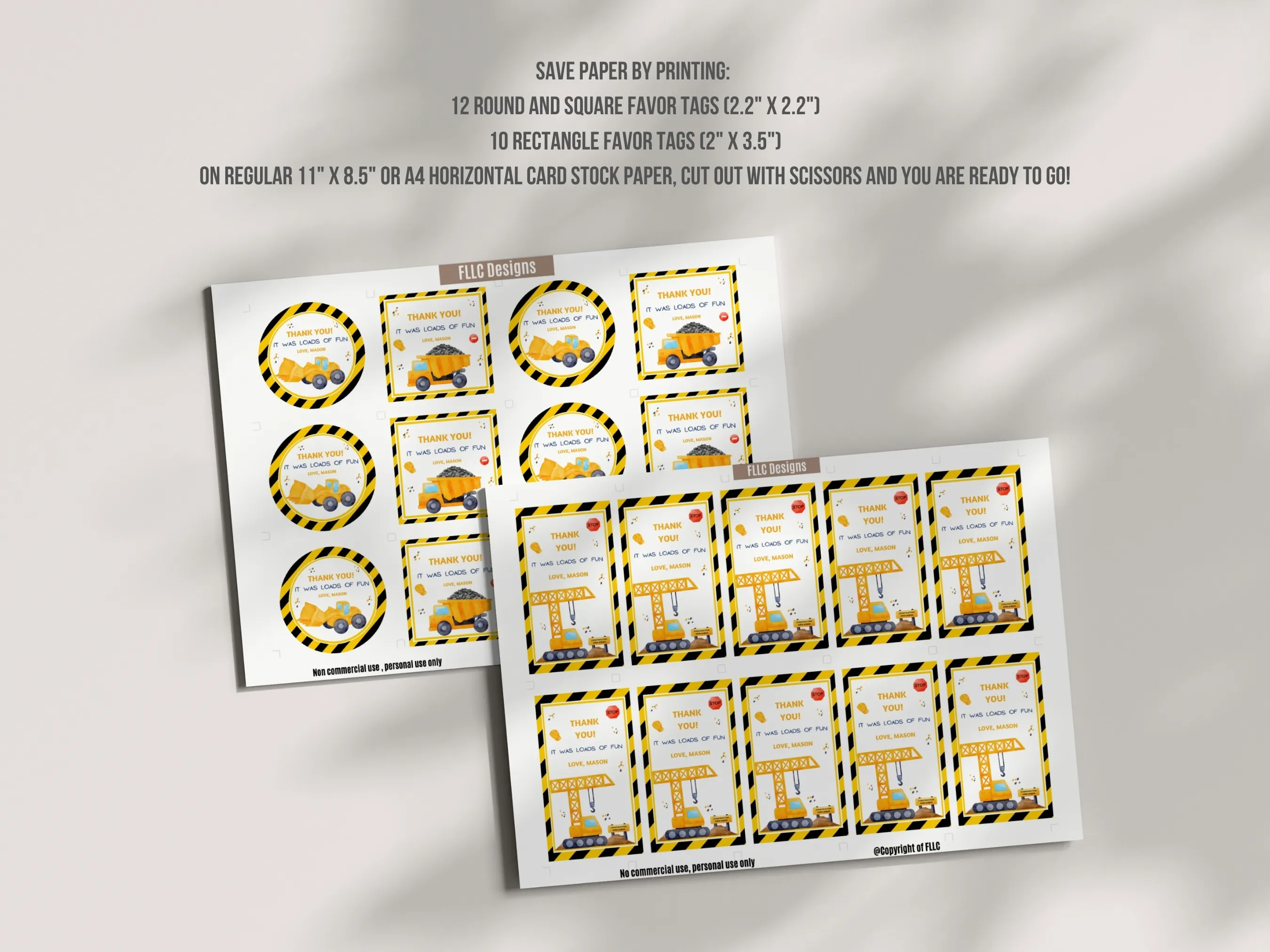 Construction Birthday Gift Tags | Yellow Dump Truck Thank You Labels | 1st Birthday Party Favor Tags | Editable Canva Template | Digital Download