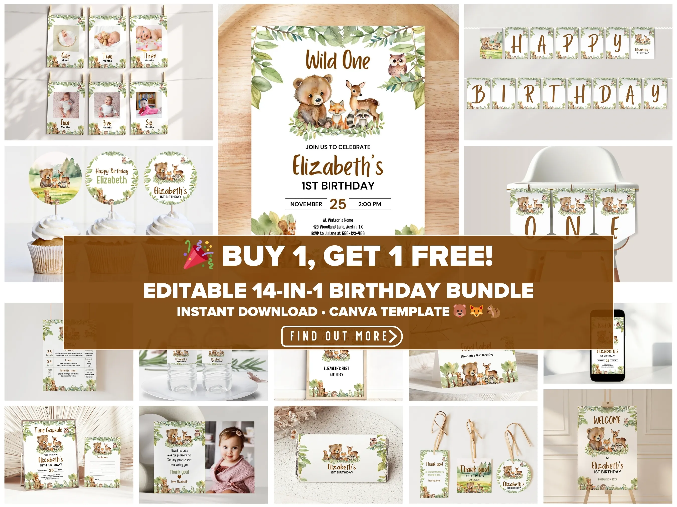 Woodland first birthday bundle — Wild One theme editable Canva templates for invitations, signs & party decorations (digital download)
