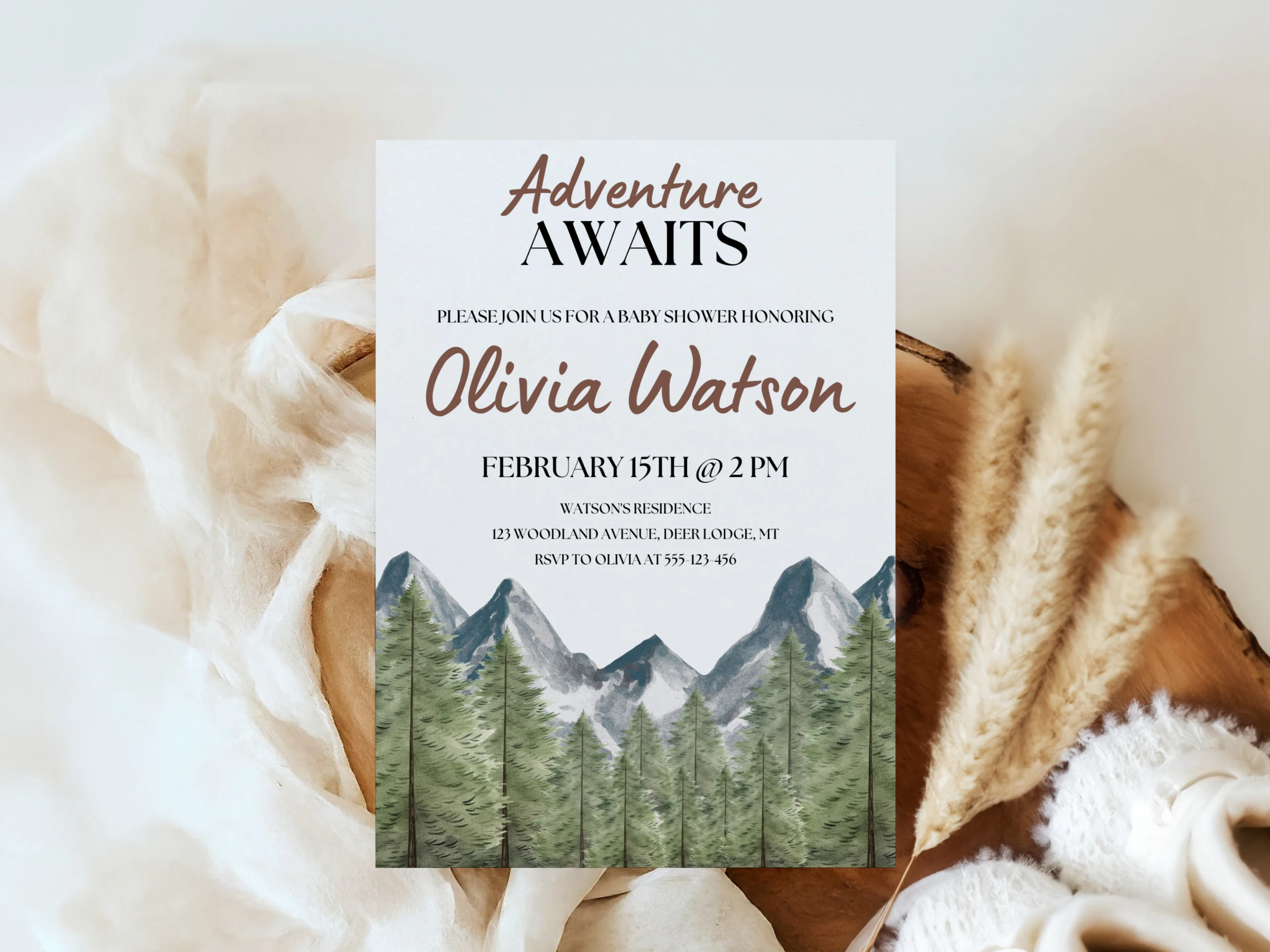 adventure awaits baby shower invitation, mountain woodland baby shower invite, woodland baby shower invitation template, printable baby shower invite, editable baby shower invitation Canva