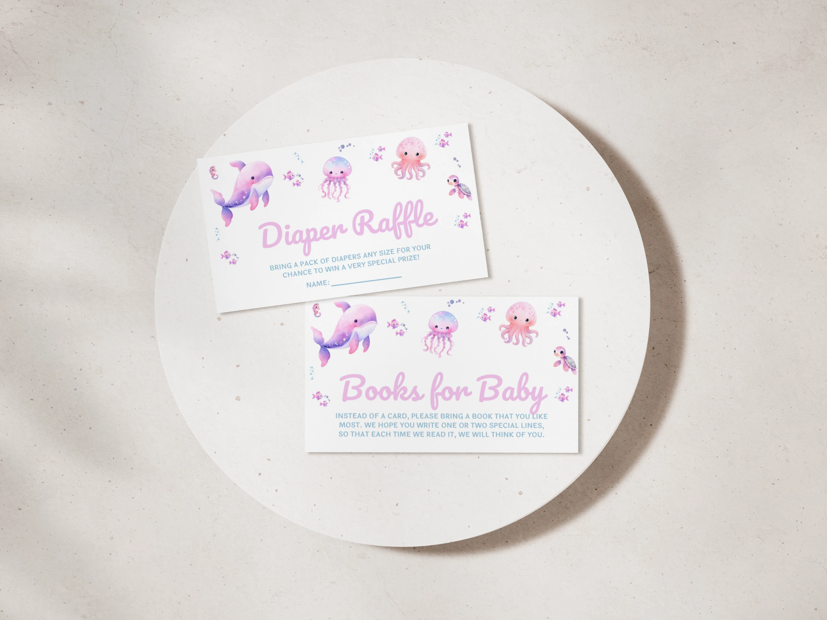 under the sea diaper raffle card, ocean books for baby card, baby girl diaper raffle ticket printable, mermaid baby shower insert card, editable diaper raffle card Canva