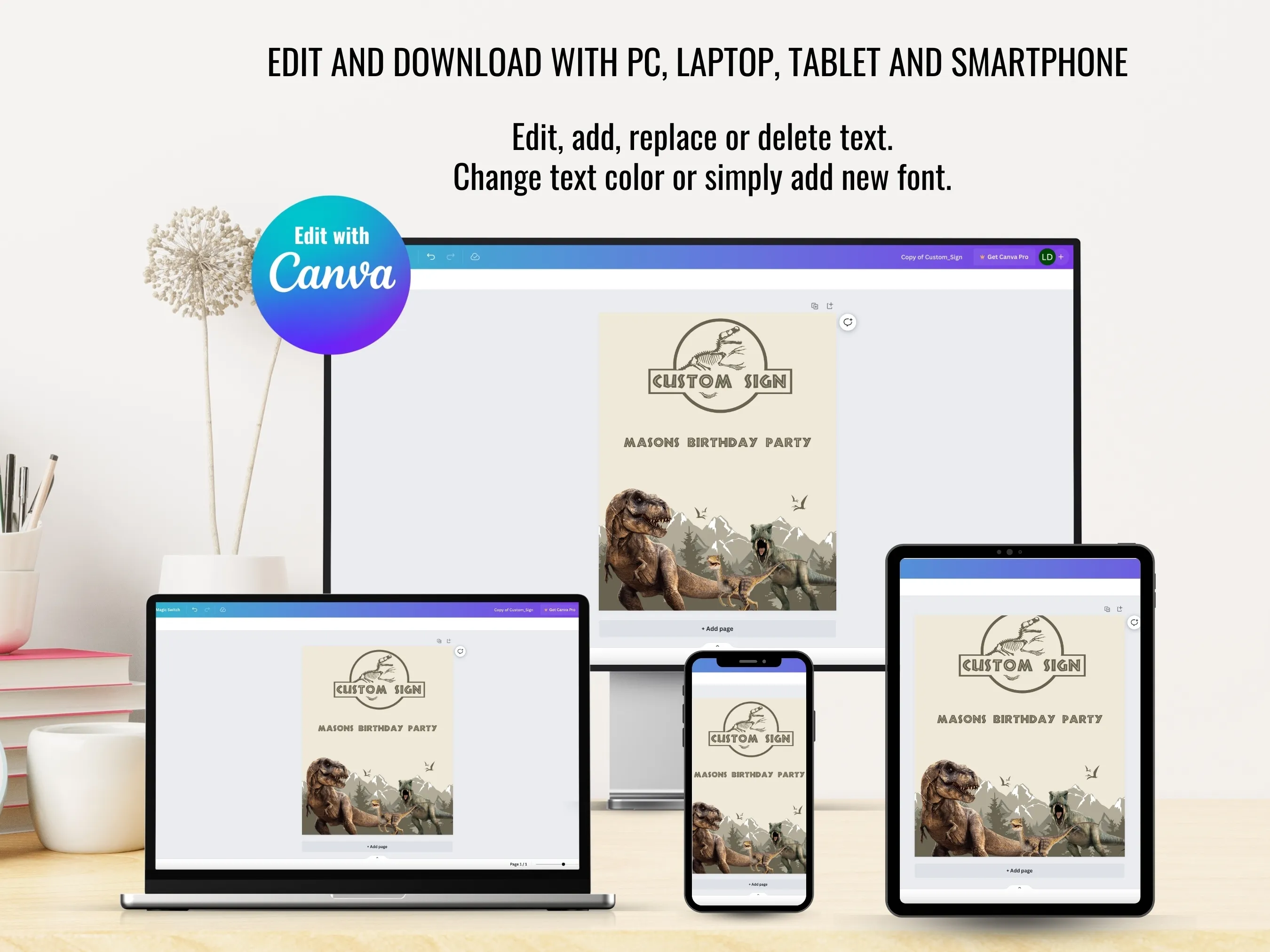 Dinosaur Birthday Party Sign | Jurassic Party Cards & Gifts Sign | T-Rex Party Gift Table Sign | Editable Canva Template | Digital Download